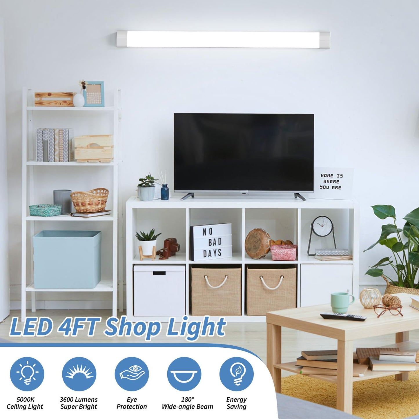 Skorter | Airand 4Ft LED Shop Lights, 5000K Rechargeable Ceiling Lamp, 36W With Plug, 3600
