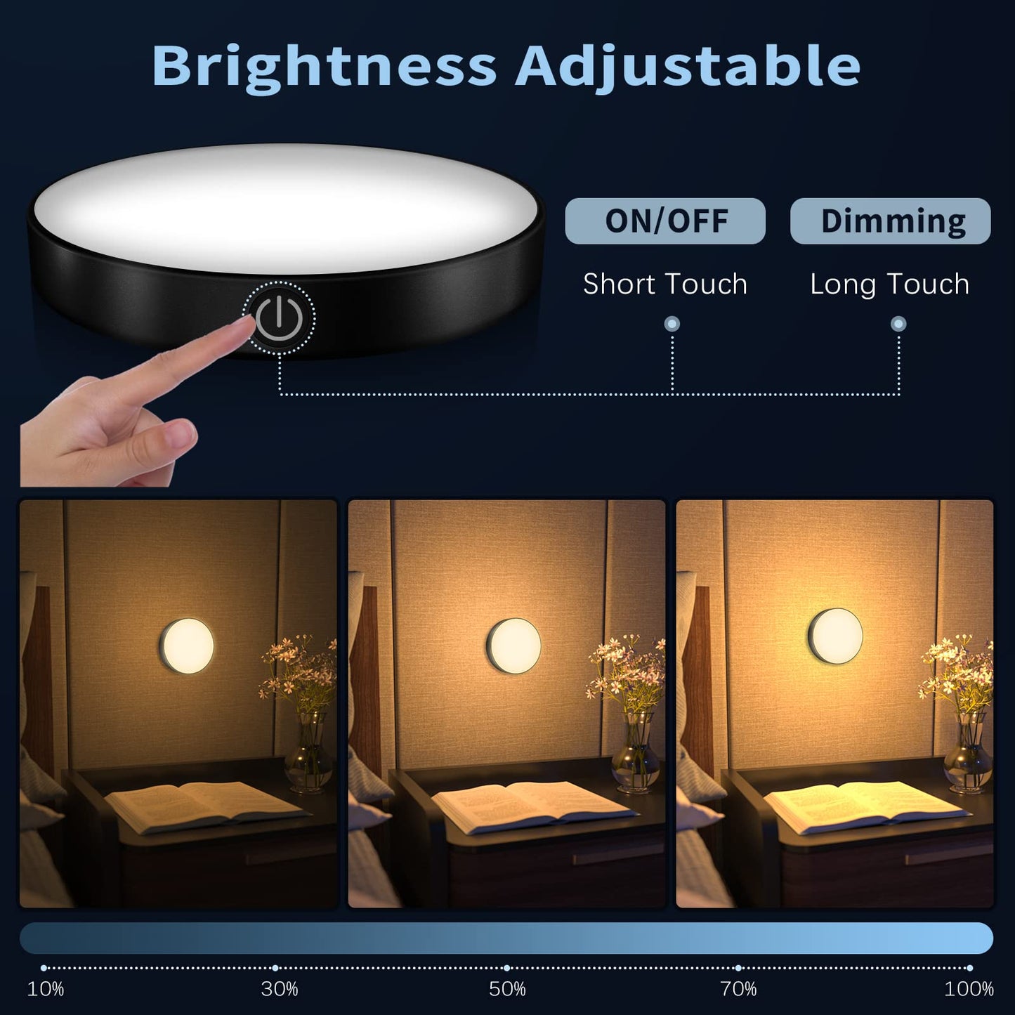 Skorter | Ferswe Dimmable Touch Light, 3000K LED Rechargeable Night Light For Cabinets & Kitchen (2 Pack)