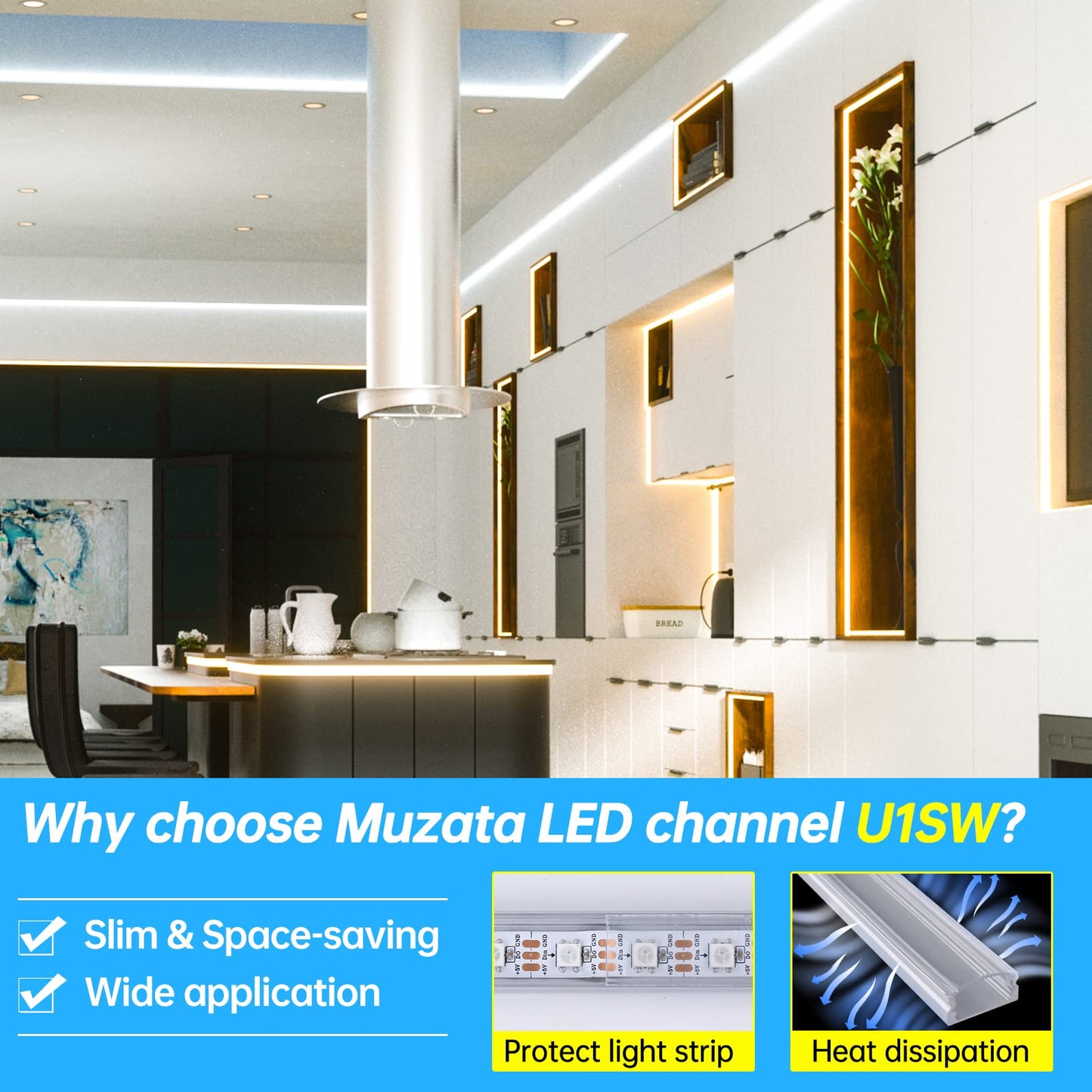 Skorter | Muzata 10-Pack 3.3Ft U Shaped Led Strip Channel, Silver Aluminum With Clear Cover