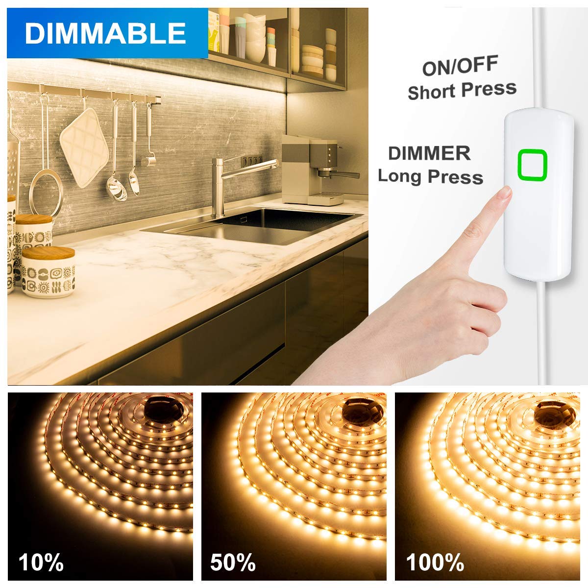 Skorter | Myplus 16.4 Ft Under Cabinet LED Strip Light Set, Dimmer Control, Warm White 3000K, 1050