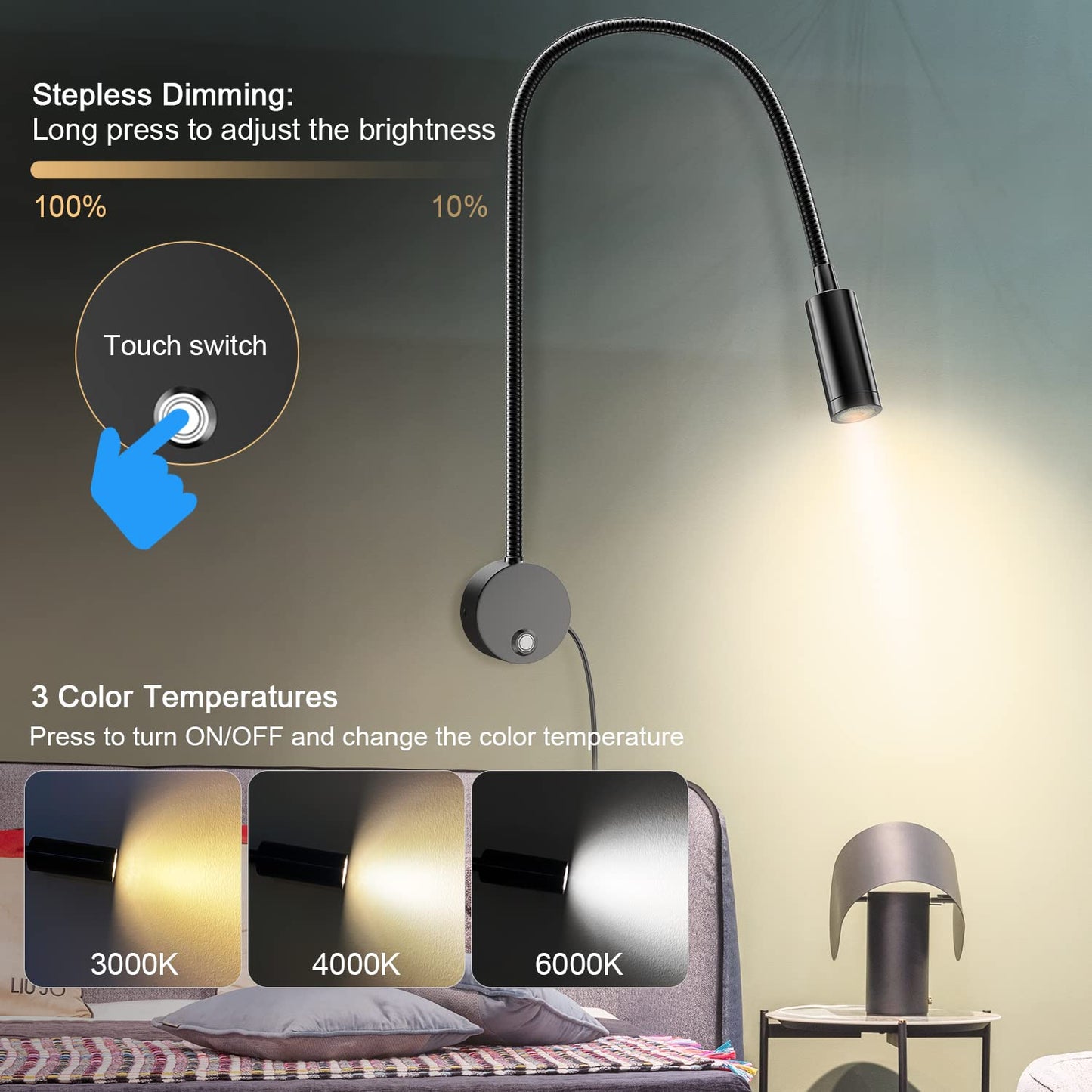 Skorter | Eray Wall Mounted Led Reading Lamp, Dimmable, 15" Goose Neck, Usb Charging, 2 Pack