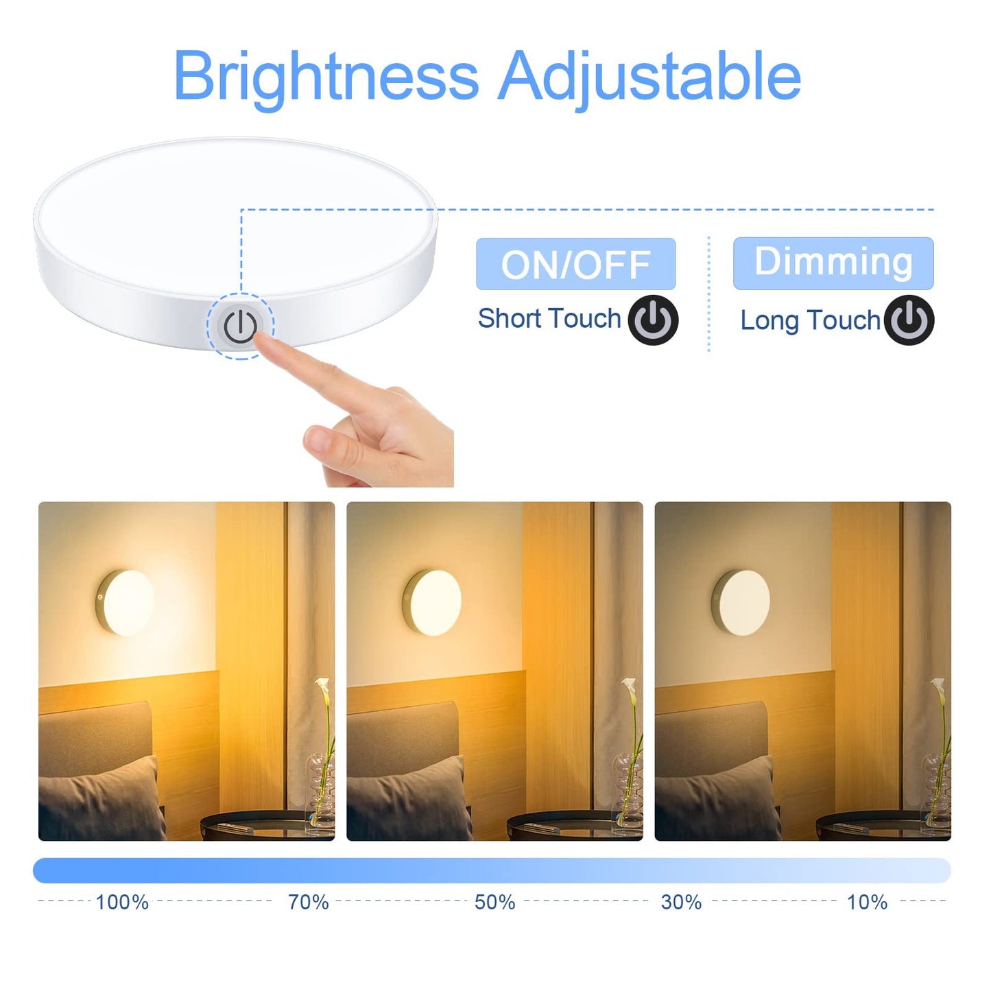 Skorter | Ferswe Dimmable Touch Lights, 3000K Rechargeable Led Tap Light - 2 Pack, Warm White