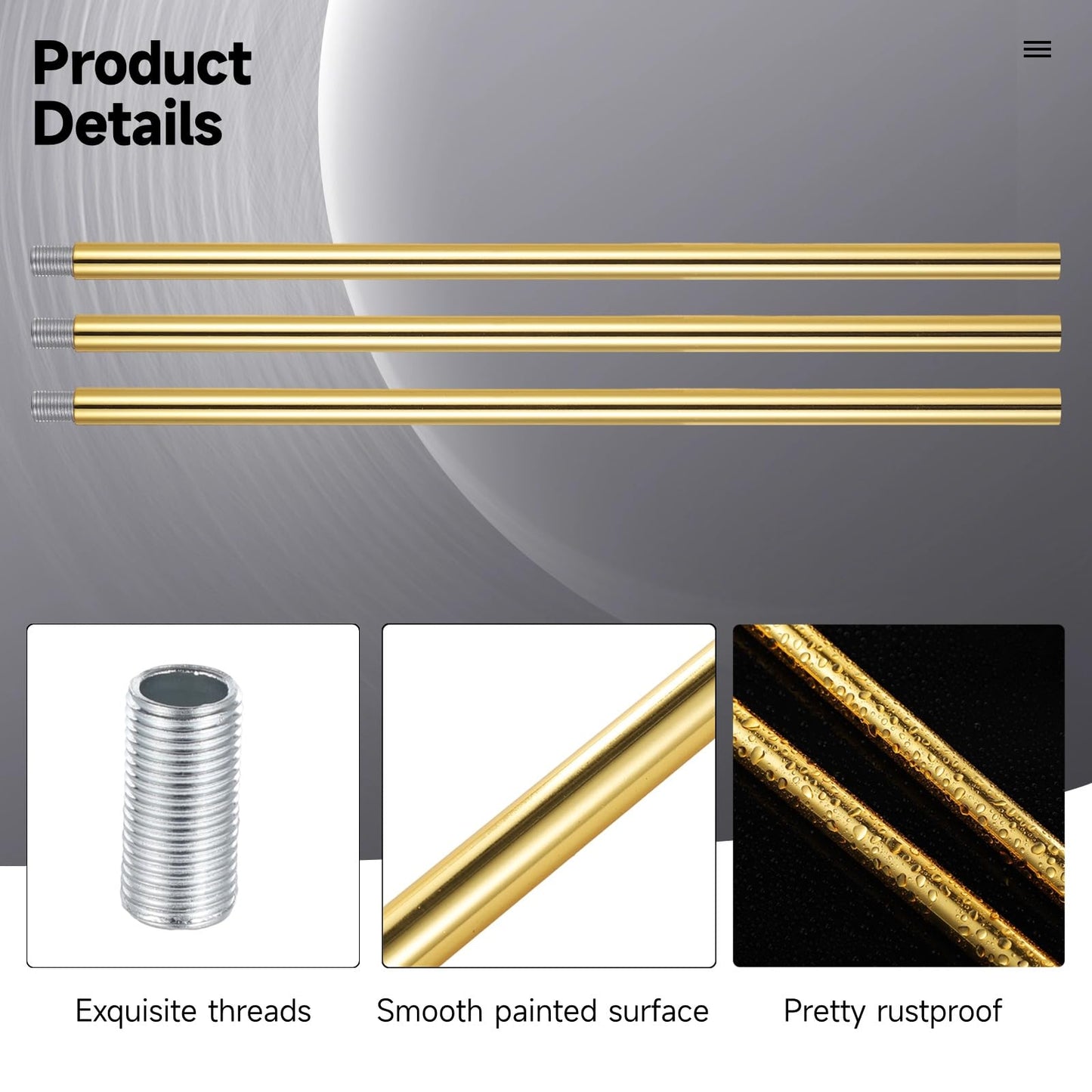 Skorter | Lnrueg 12" Light Gold M10 Threaded Rod - 10 Pcs For Pendant Lamps & Crowns