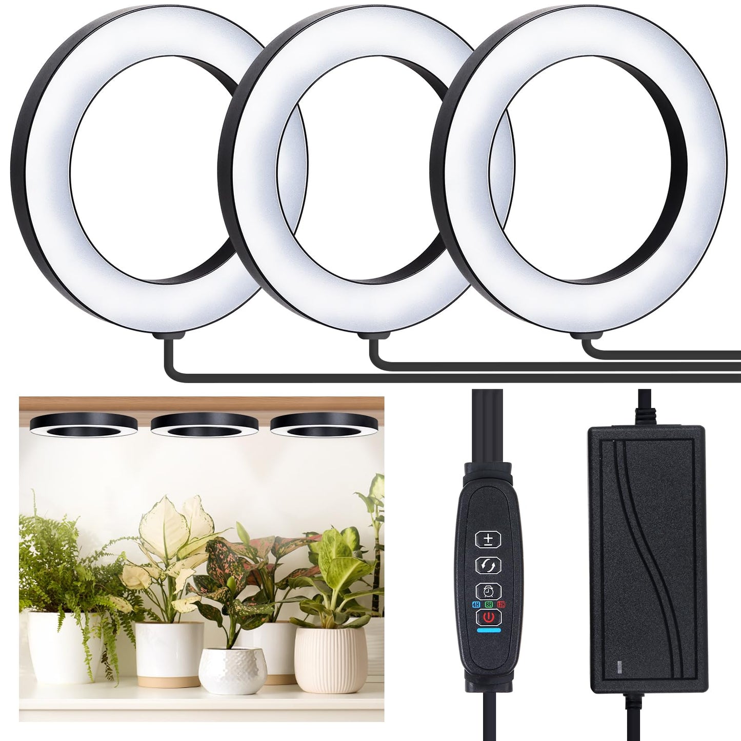 Skorter | Aopeids 2025 Upgraded Full Spectrum Grow Light For Indoor Plants - 216 Leds, 3 Lighting Modes, Automatic On/Off Timer (4/8/12H), 10-Level Dimmable Halo Small Plant Light (Black, 6.3 Inch Tri-Head)