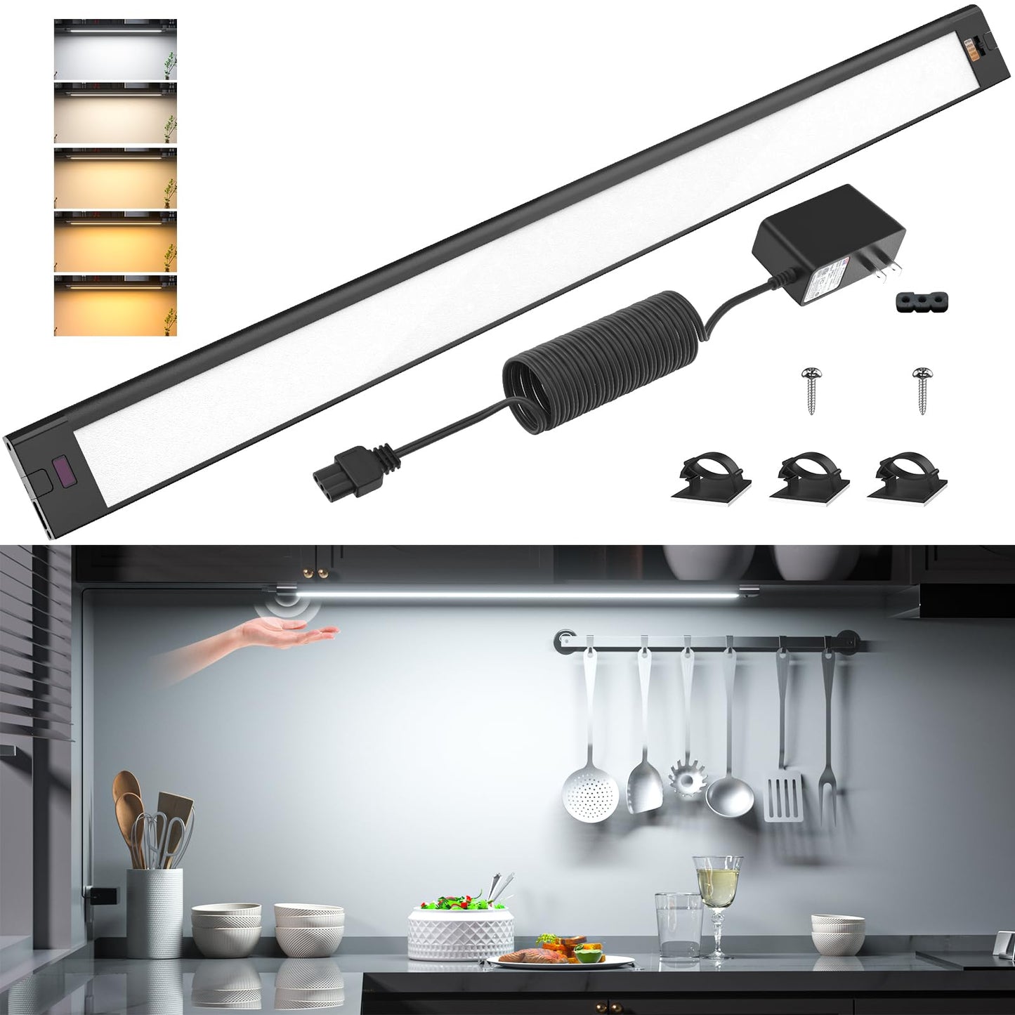 Skorter | Wobane 24"" LED Under Cabinet Lighting, Touchless Dimming, Warm White To White, Black