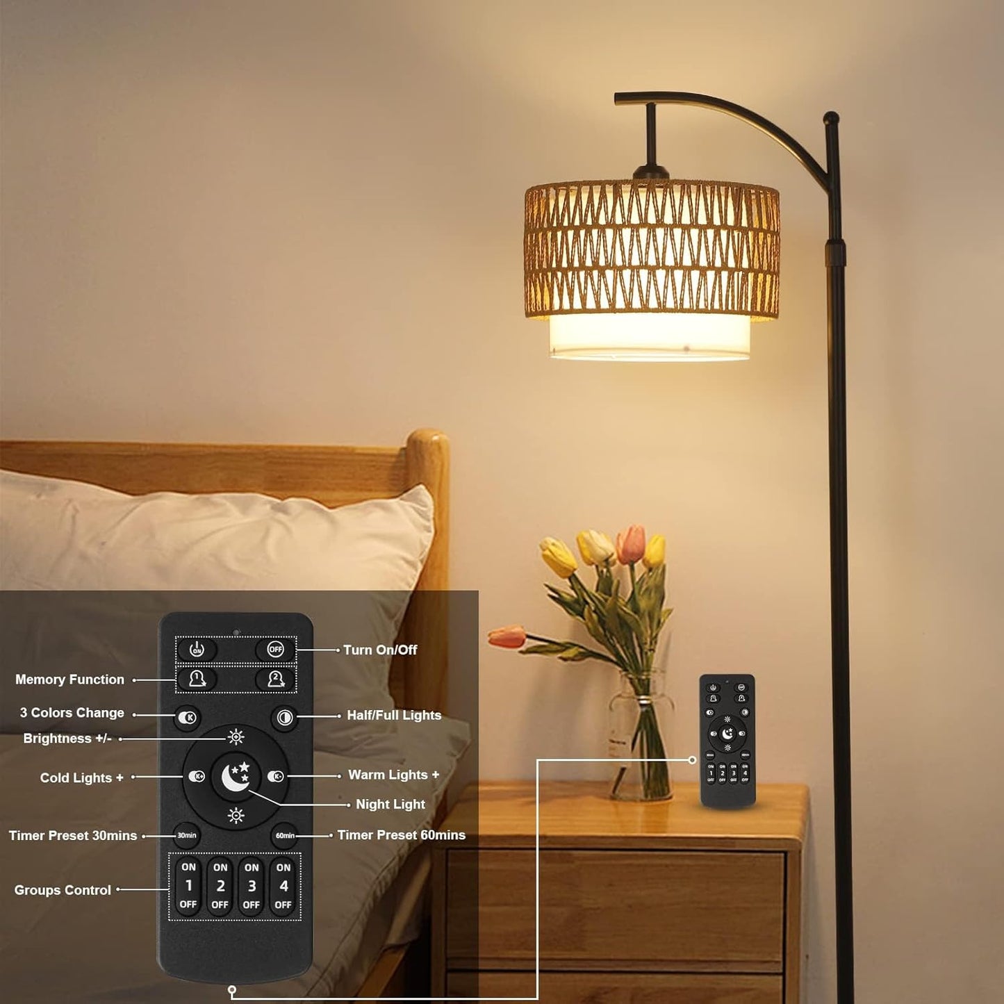 Skorter | Arc Floor Lamp with Remote Control & Dual Shades – Norvella