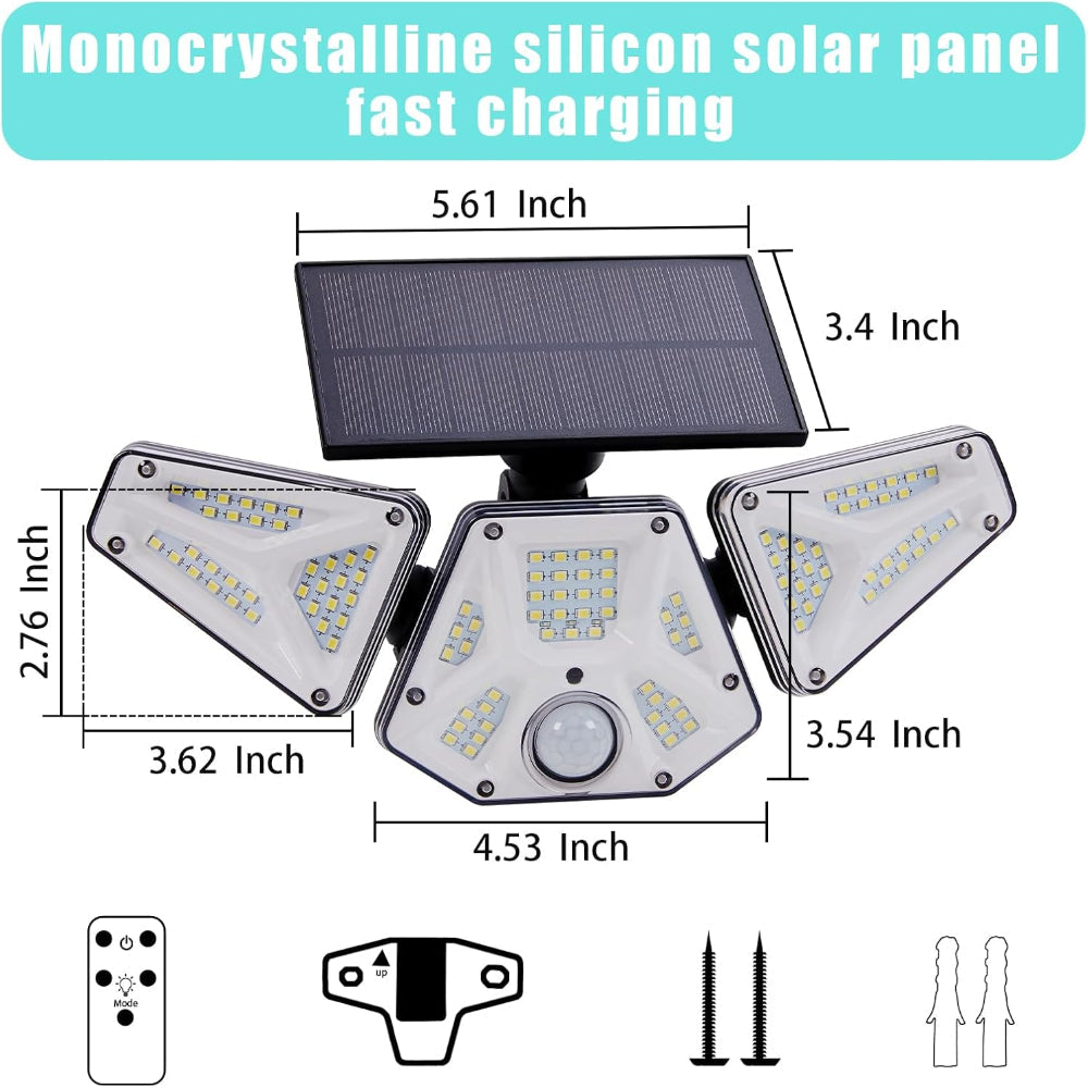 Skorter | 2 Pack Solar Flood Lights with Motion Sensor & Remote Control, Super Bright 113 LED, 3 Heads Adjustable