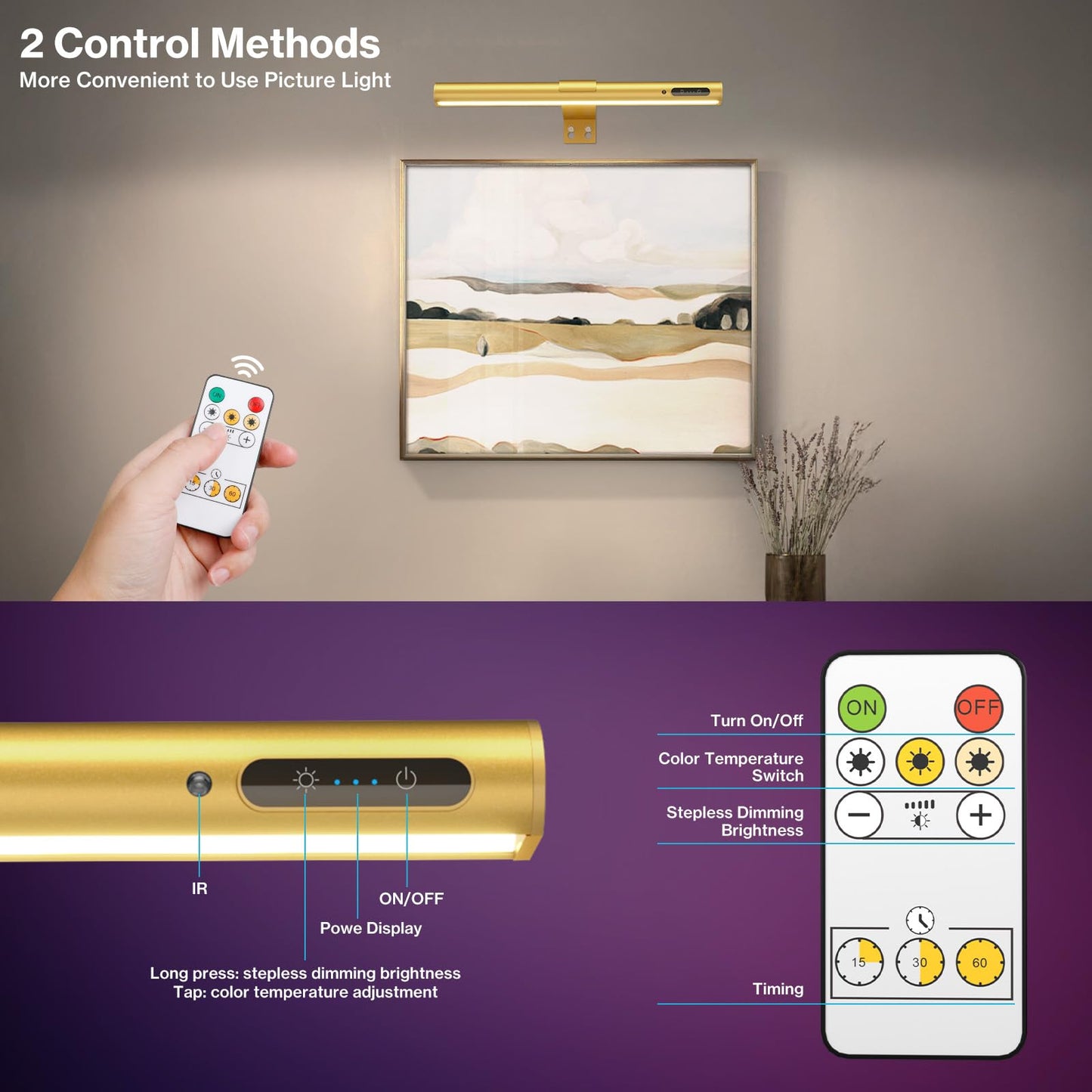 Skorter | Olafus Battery-Powered Picture Lighting with Remote Control, 3 Color Temperatures, Wireless Black Lamp