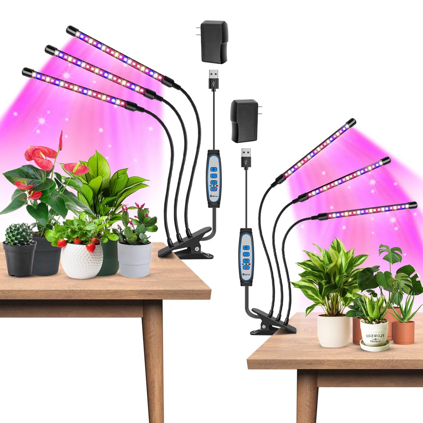 Skorter | Garpsen LED Growth Light, 2Pcs 3 Heads Full Spectrum Clamp Plant Light For Indoor Plants, 120 LEDs Growth Light, With 3 Switch Modes & Automatic On/Off 6/12/16H Timer, 5 Dimmable Levels (Red Blue Warm White)