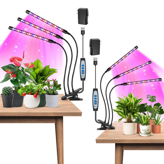 Skorter | Garpsen LED Growth Light, 2Pcs 3 Heads Full Spectrum Clamp Plant Light For Indoor Plants, 120 LEDs Growth Light, With 3 Switch Modes & Automatic On/Off 6/12/16H Timer, 5 Dimmable Levels (Red Blue Warm White)