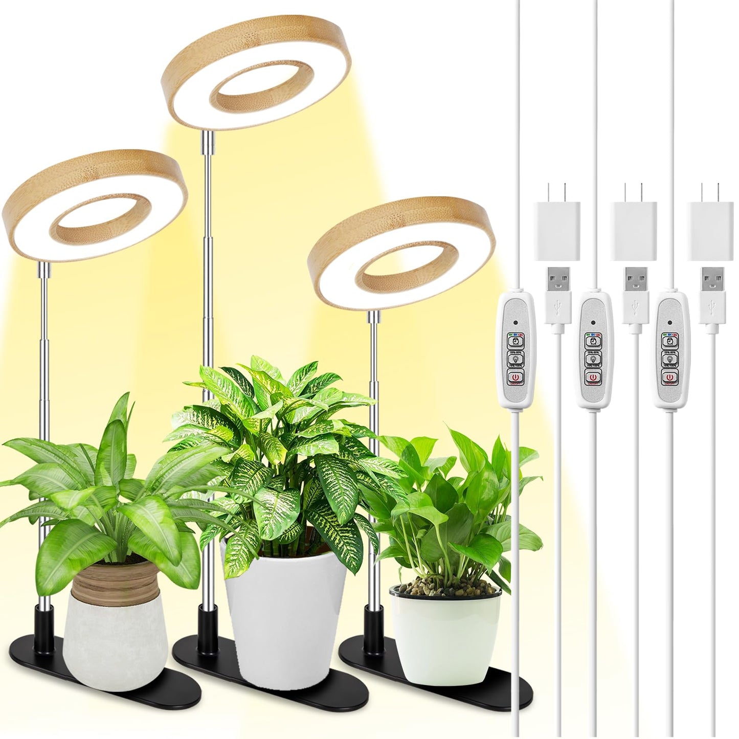 Skorter | Lordem Bamboo Bottom Writing Desk Grow Light, LED Plant Lamp with Full Spectrum, 4 Adjustable Light Levels, 4H/8H/12H Auto Timer for Indoor Plant Growth, Height Adjustable 7.8"-26", 3 Pack