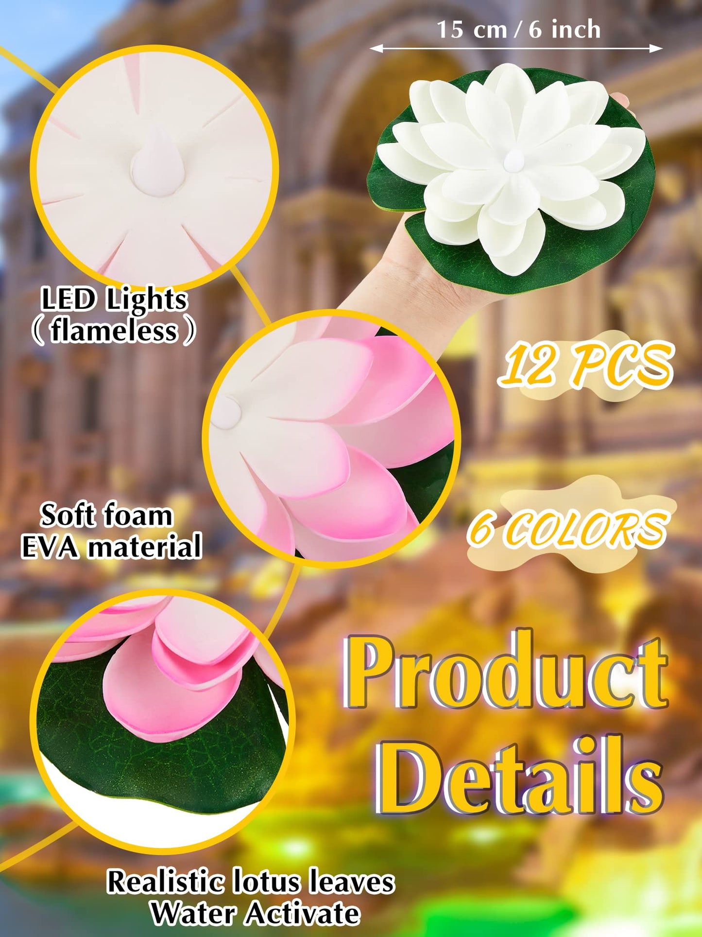 Skorter | Hortsun 12 Pcs Led Lotus Floating Pool Light - Multicolored Lily Pad Lanterns, 5.91 Inches