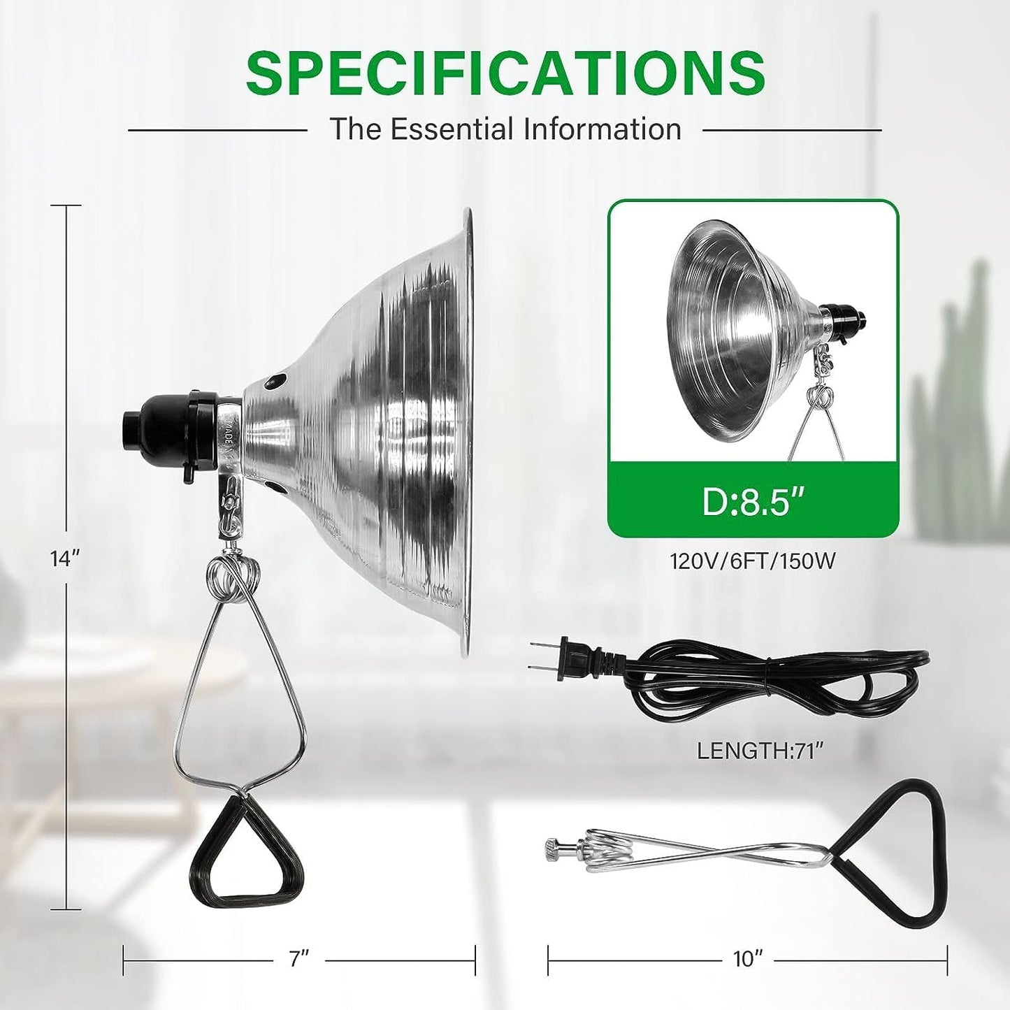 Skorter | Simple Deluxe Clamp Lamp 150W, 8.5" Aluminium Reflector, 6Ft Cable, Black - No Bulb Included