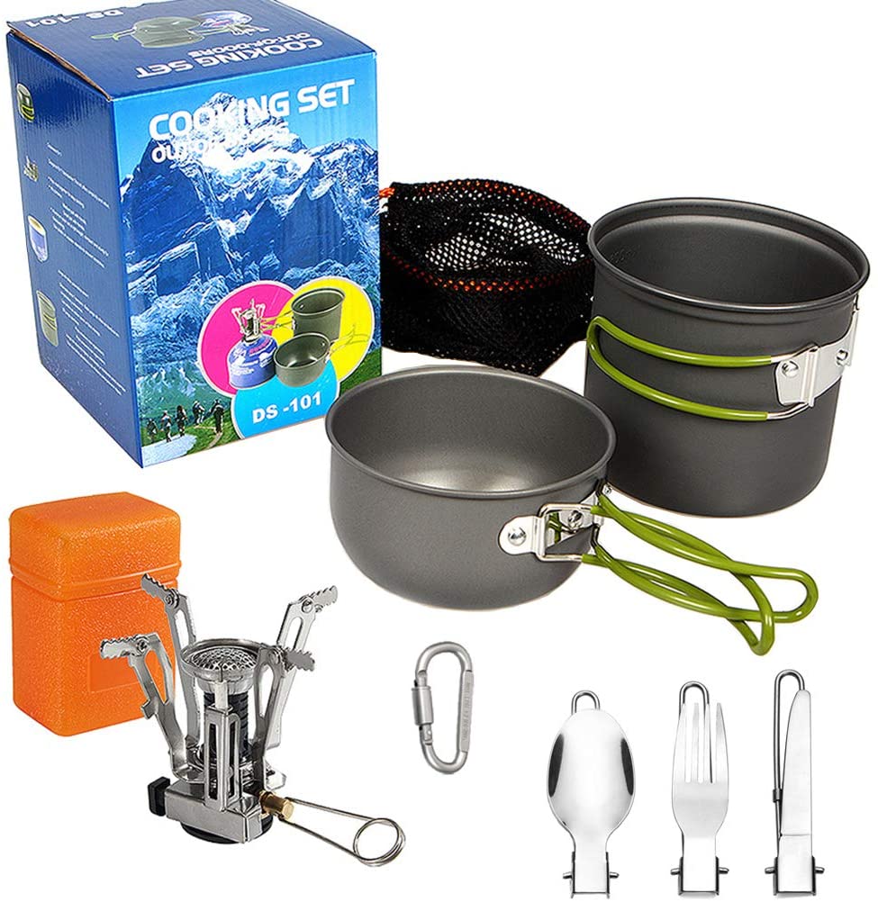 Skorter | DZRZVD Camping Cookware Mess Kit Gear, Backpacking Accessories Equipment Pots and Pan Set with Mesh Carrying Bag for Hiking, Picnic