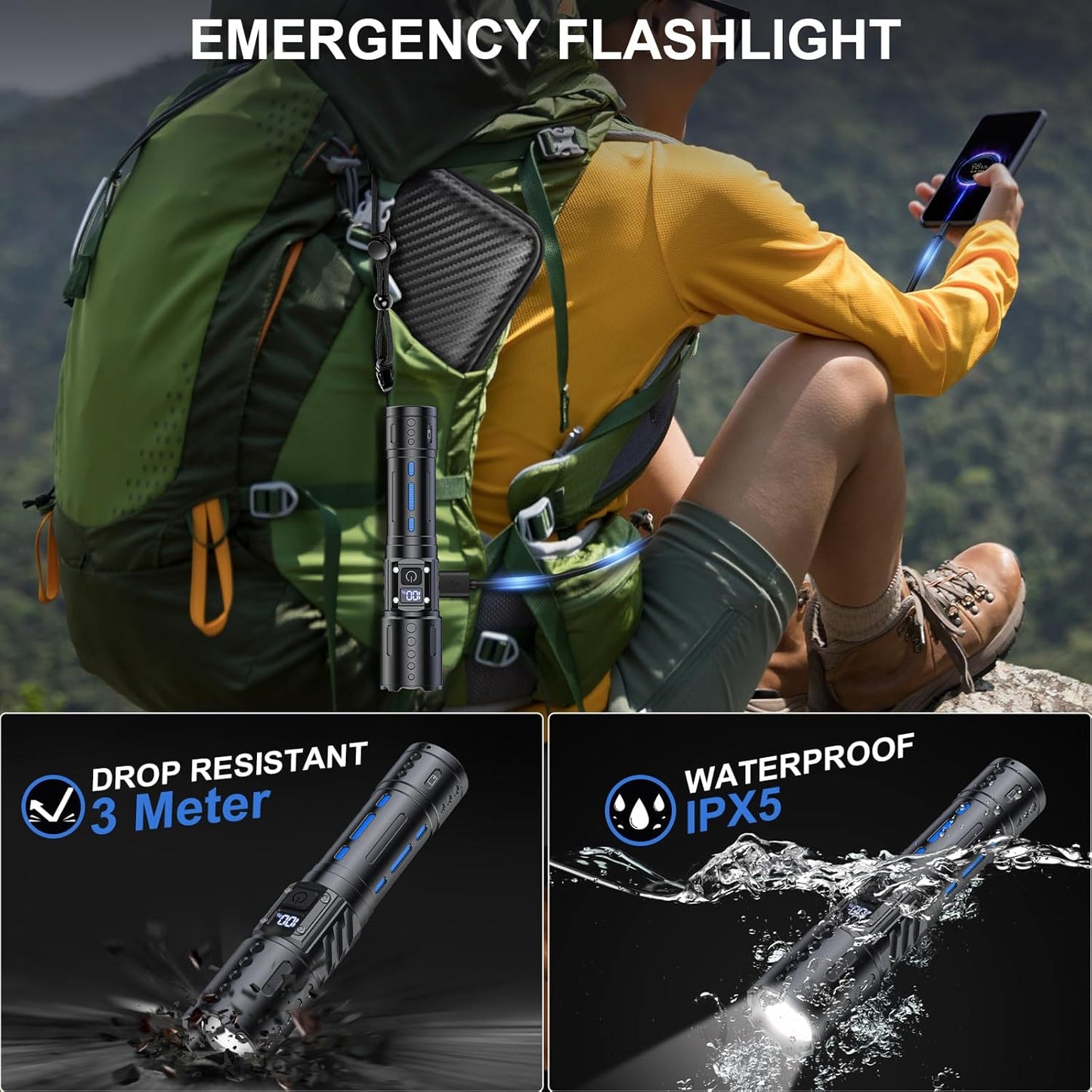 Skorter | 100,000 Lumen Rechargeable LED Flashlight | Waterproof, Impact-Resistant & Ideal for Hiking, Emergencies & Power Outages