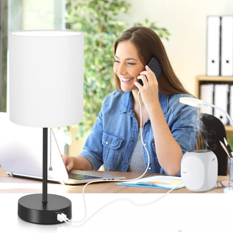Skorter | Table lamp set of 2 with USB charging ports, gray bedside lamps with AC outlet, bedside lamps with pull switch, minimalist modern desk lamps with fabric shade for living room bedroom office