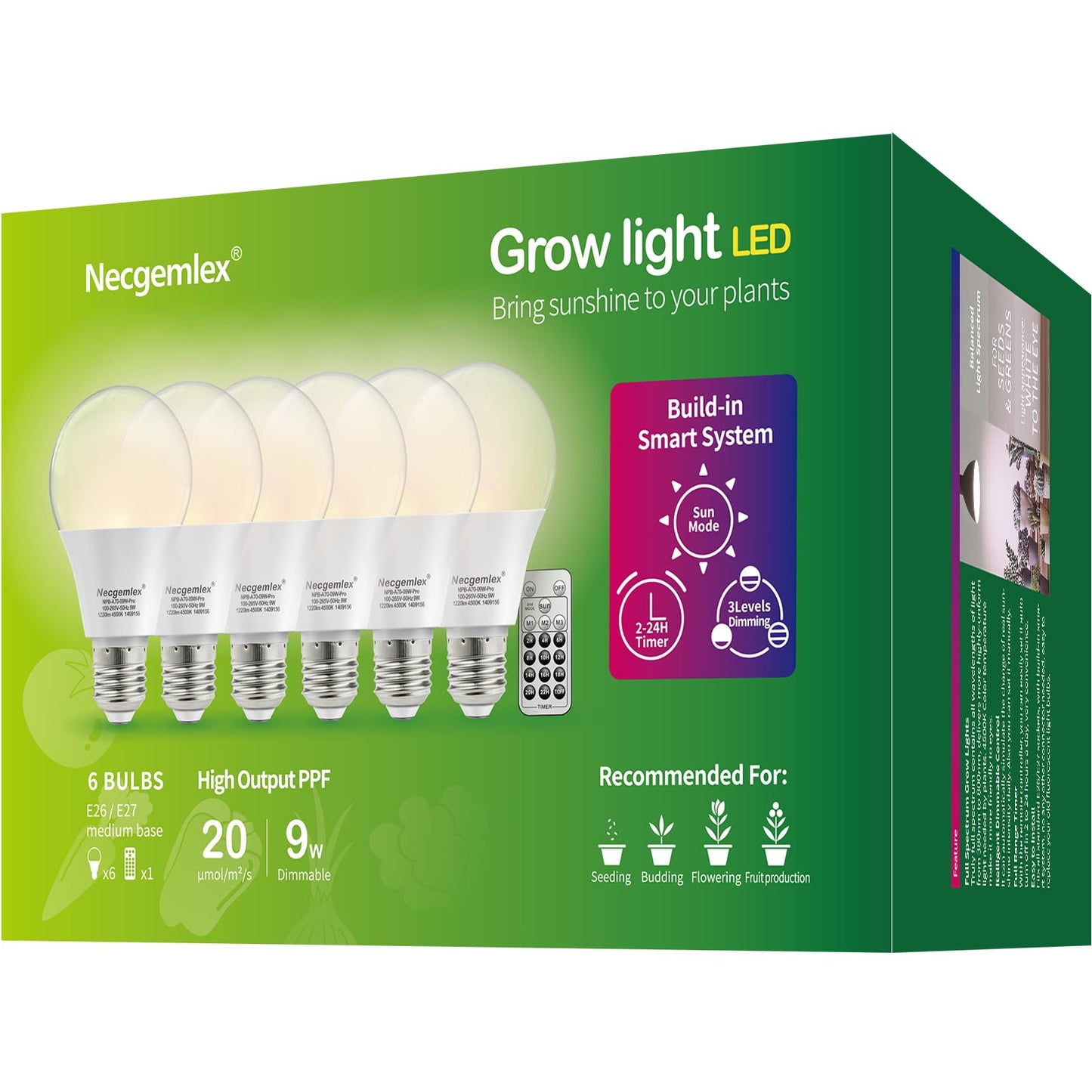 Skorter | Necgemlex Smart Led Grow Light Bulbs With Remote Control, Sun Simulation Mode, Built-in Auto Timer, A21/A70 E26/E27 9W Dimmable Full Spectrum Intelligent Plant Growth Bulbs For Indoor Plants, 6 Pack