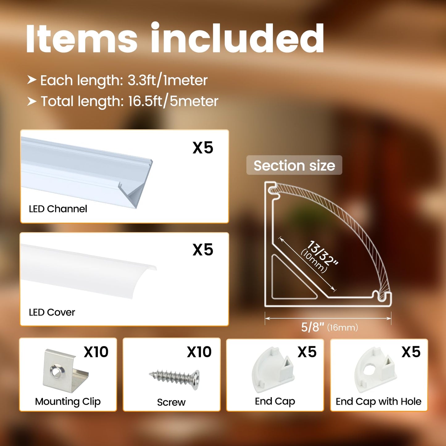 Skorter | Muzata 5Pack 3.3Ft Led Channel With Milk White Cover, Easy Installation Silver Aluminium Diffuser