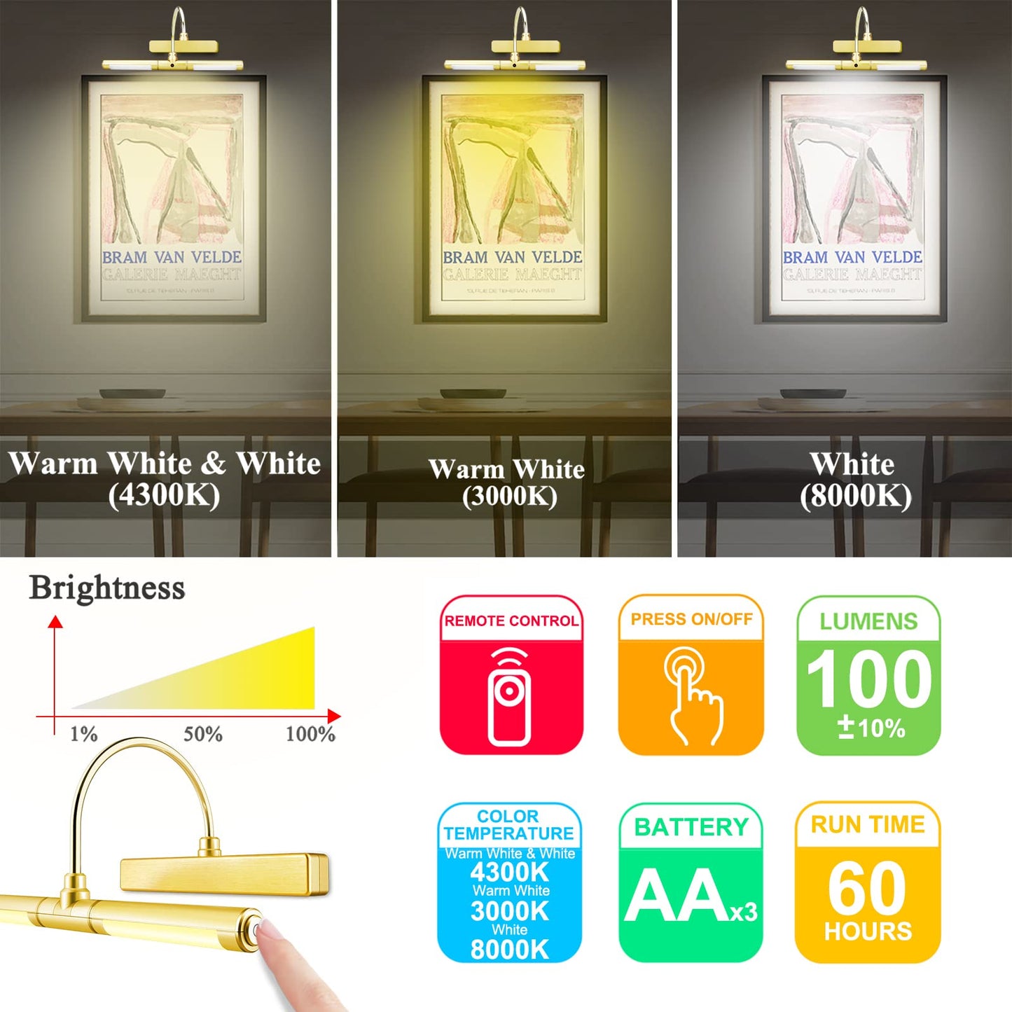 Skorter | Biglight Wireless Led Picture Lighting With Remote Control, Dimmable Gold Lamp For Art & Portraits, 13 Inches