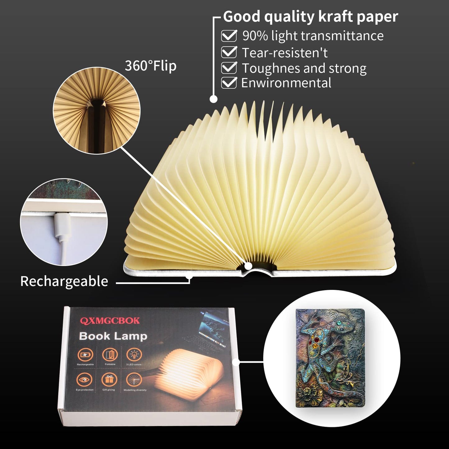 Skorter | Qxmgcbok Color Change Foldable Book Lamp - Rechargeable Lizard Embossing Ambient Lighting