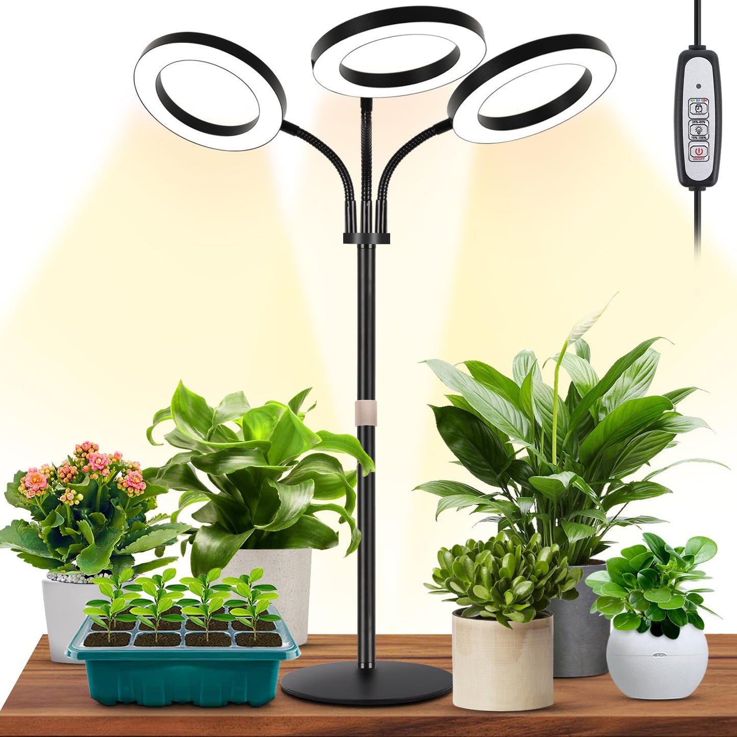 Skorter | Lbw Halo Plant Growth Light, Tri-Head Desk Grow Light For Indoor Growth, 72X3 Leds Full Spectrum Grow Lamp With 4/8/12H Automatic Timer, 4 Brightness Levels, Height Adjustable, Ideal For Indoor Plants, Black