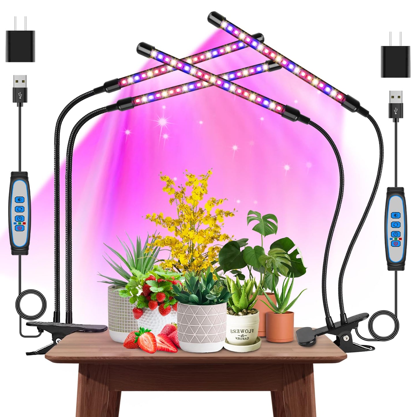 Skorter | Garpsen Growth Light for Indoor Plants, 2 pcs 2 Heads Full Spectrum LED Growth Light for Seed Starting, 80 LEDs Plant Growth Light, With Automatic On/Off 6/12/16H Timer, 5 Dimmable Levels (460Nm/660Nm/3000K)