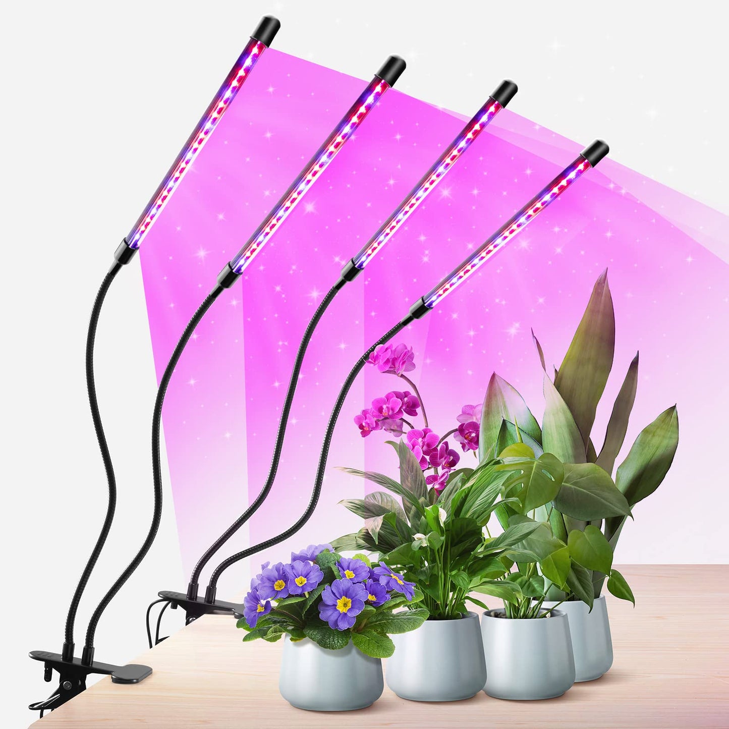 Skorter | Growstar Plant Lighting For Indoor Growth, Red Blue Spectrum 4 Head Clamp Grow Lights With 10 Foot Cables For Germination Flowering And Fruiting (2 Pack)