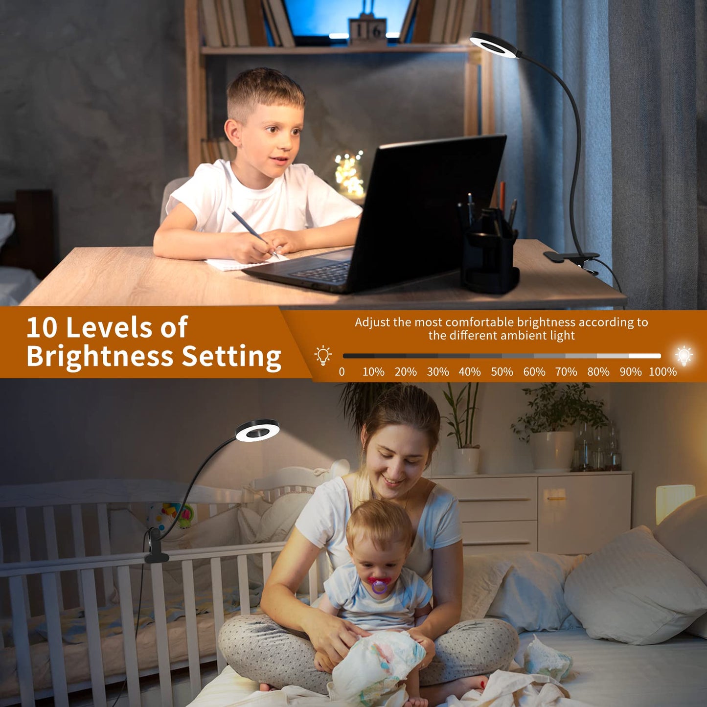 Skorter | Izell Led Desk Lamp with Clamp, 3 Color Modes & 10 Brightness Levels, Flexible Goose Neck - Black