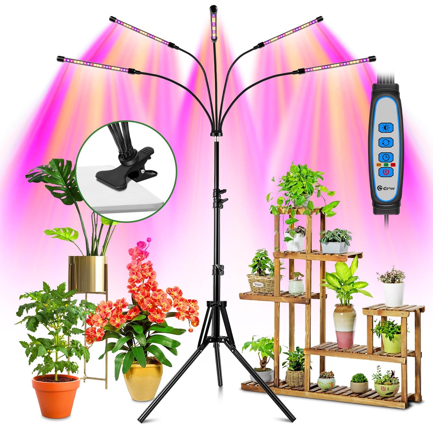 Skorter | Wolezek Growth Light For Indoor Plants, Full Spectrum Led Plant Growth Light With Adjustable Stand And Solid Clip, 5-Head Plant Light With Auto 6/12/16H Timer, 3 Light Modes, 5 Levels Dimmable