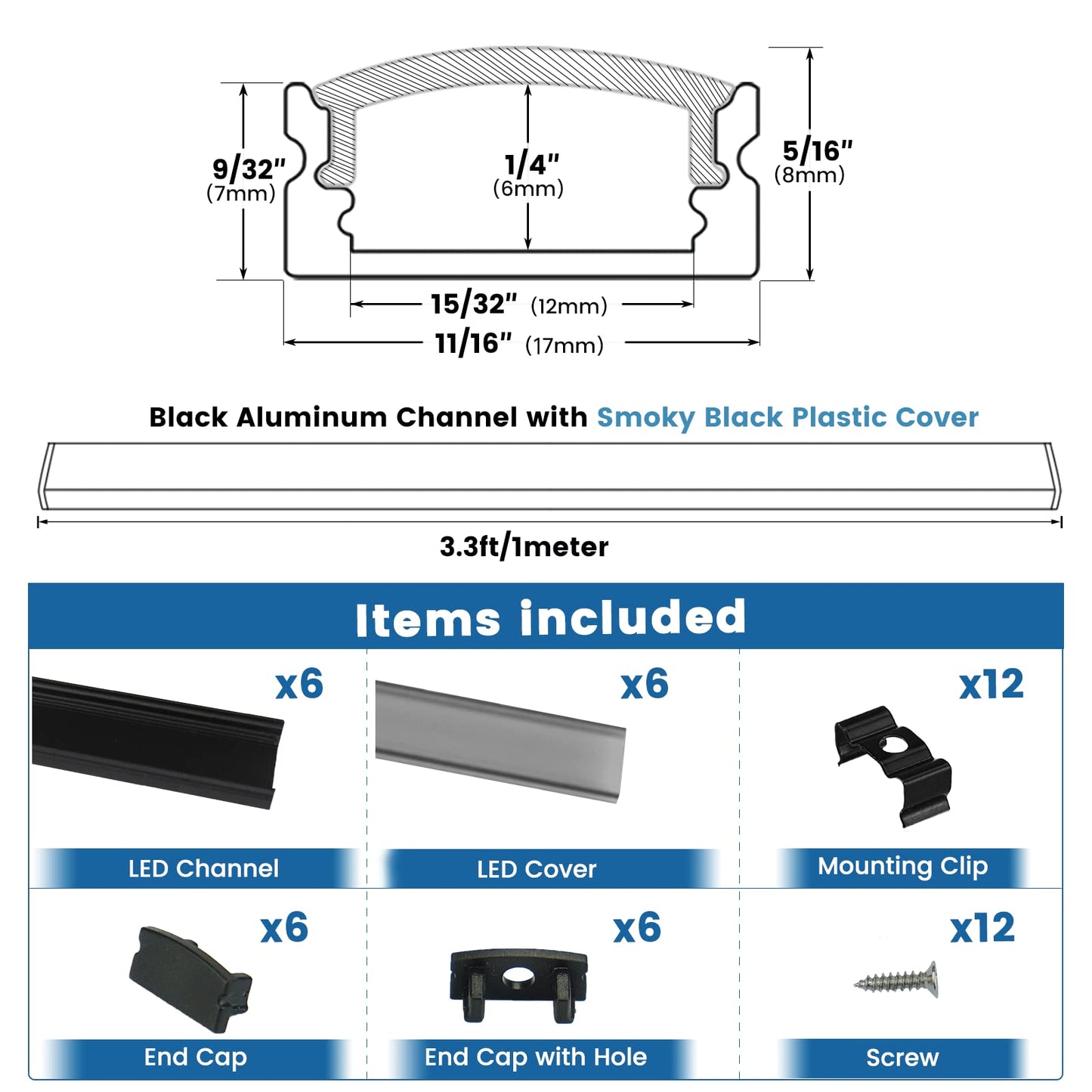 Skorter | Muzata 6Pack 3.3Ft Led Channel Black Aluminium U Shape With Smoke Colored Cover - Easy Installation
