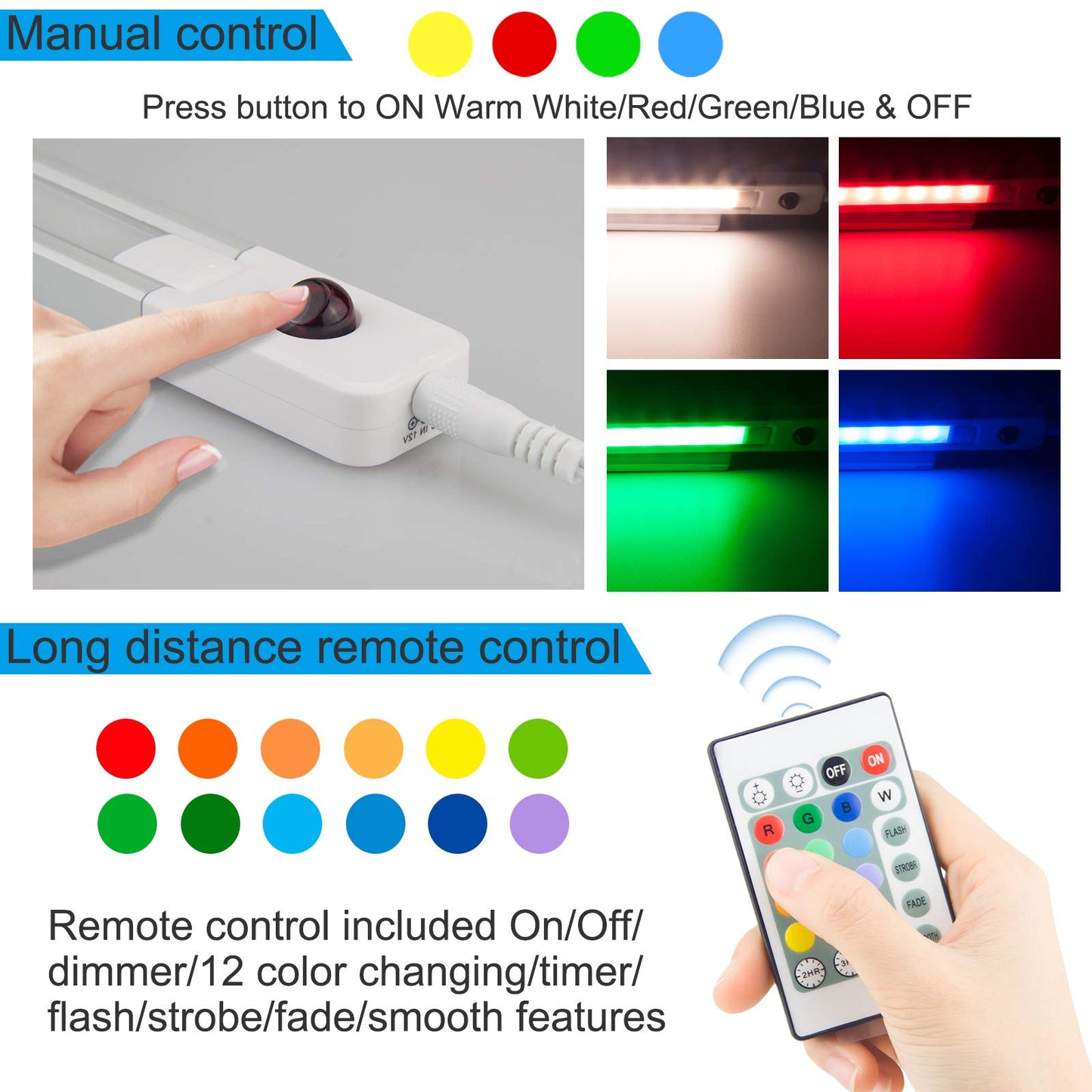 Skorter | Bigmonat Rgb Under Cabinet Light With Remote Control, Timer, Self-Adhesive Color Changing Led For Kitchen & Home