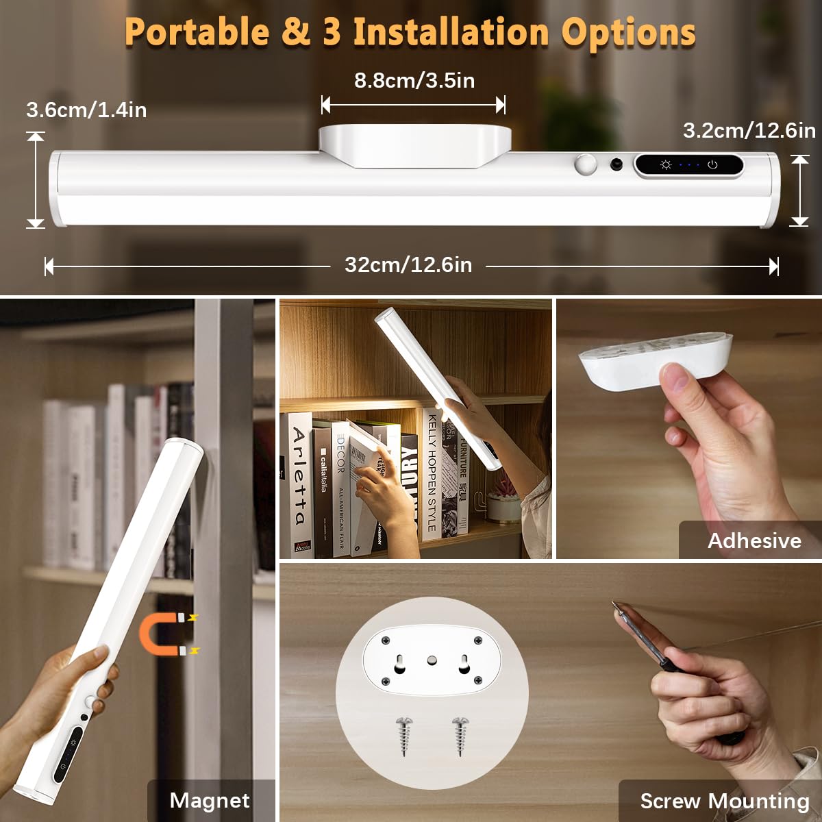 Skorter | Bravzurg Motion Sensor LED Wall Strip Light, Rechargeable Under Cabinet Lighting - White