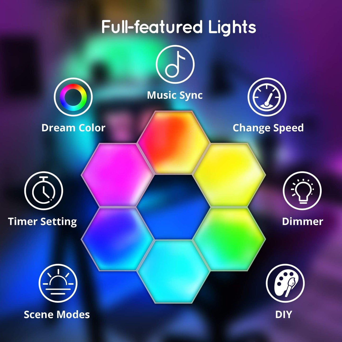 Skorter | Lumoonosity Dream Color Led Hexagon Lights - Music Sync Rgb Wall Panels, 6-Pack For Bedroom & Gaming