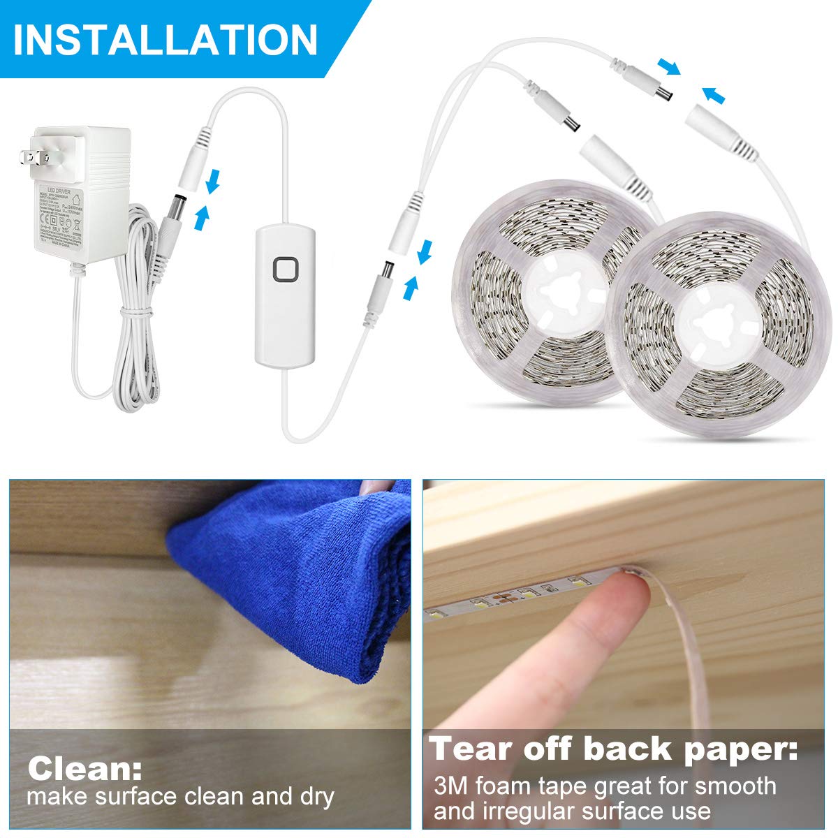 Skorter | Myplus 32.8Ft Dimmable Led Strip Light 6500K Cold White, Flexible Under Cabinet Lighting