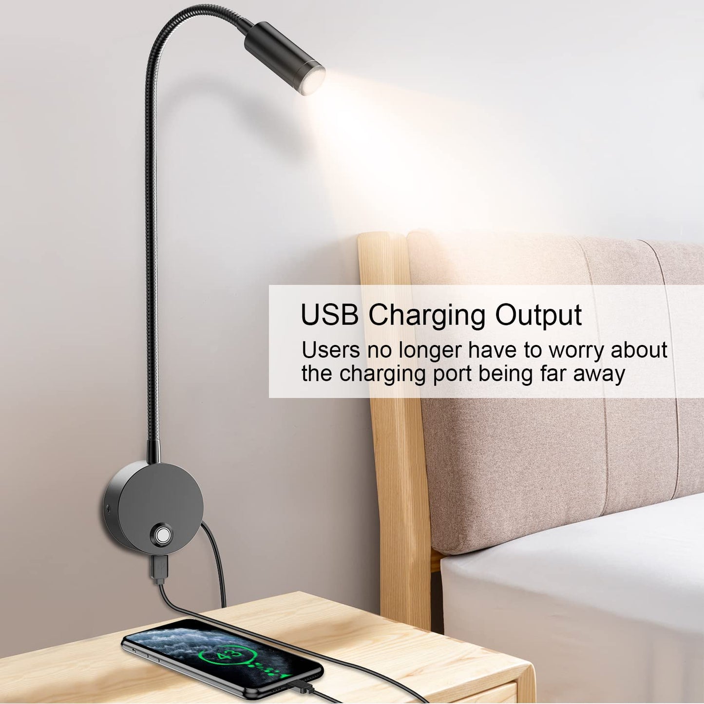 Skorter | Eray Wall Mounted Led Reading Lamp, Dimmable, 15" Goose Neck, Usb Charging, 2 Pack