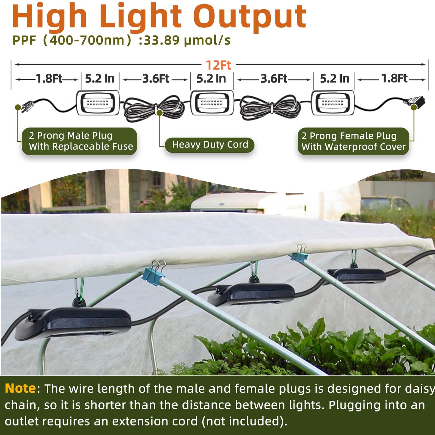 Skorter | Owleye 12Ft Led Grow Light, Ip65 Waterproof, Full Spectrum, Can be Connected, For Garden & Greenhouse