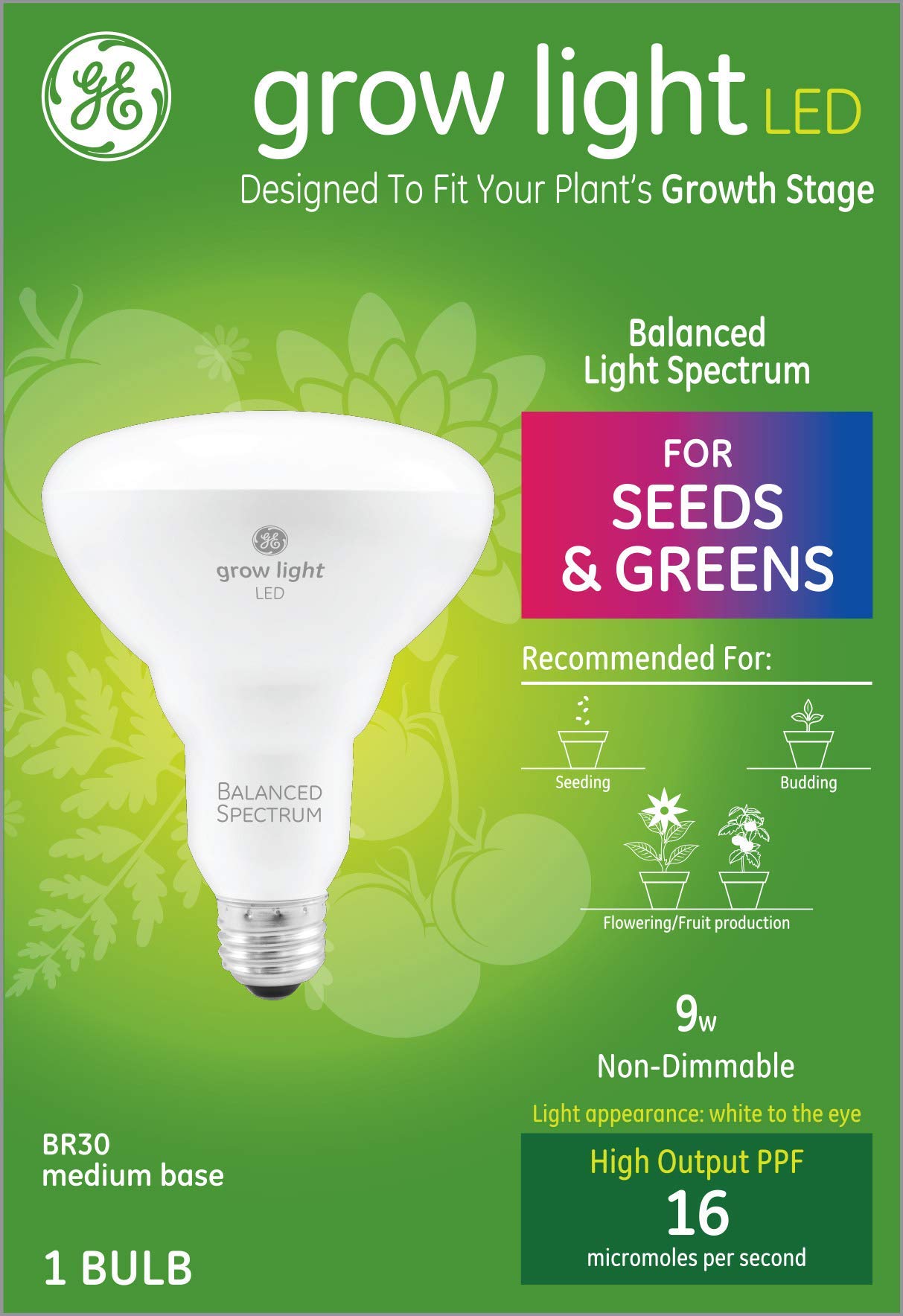 Skorter | Ge Grow Light Led Bulb, 9W Indoor Floodlight For Seeds & Vegetables, Medium Base, 1 Pack