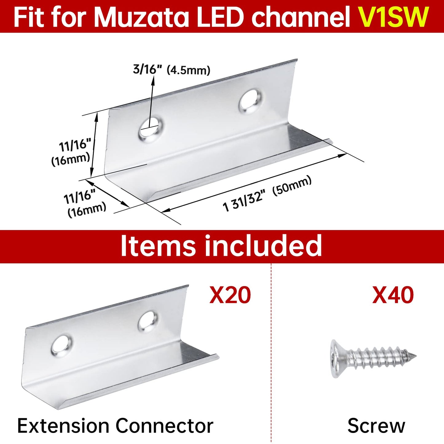Skorter | Muzata 20Pack V-Shape Expansion Connectors For LED Channels, Stainless Steel, Silver