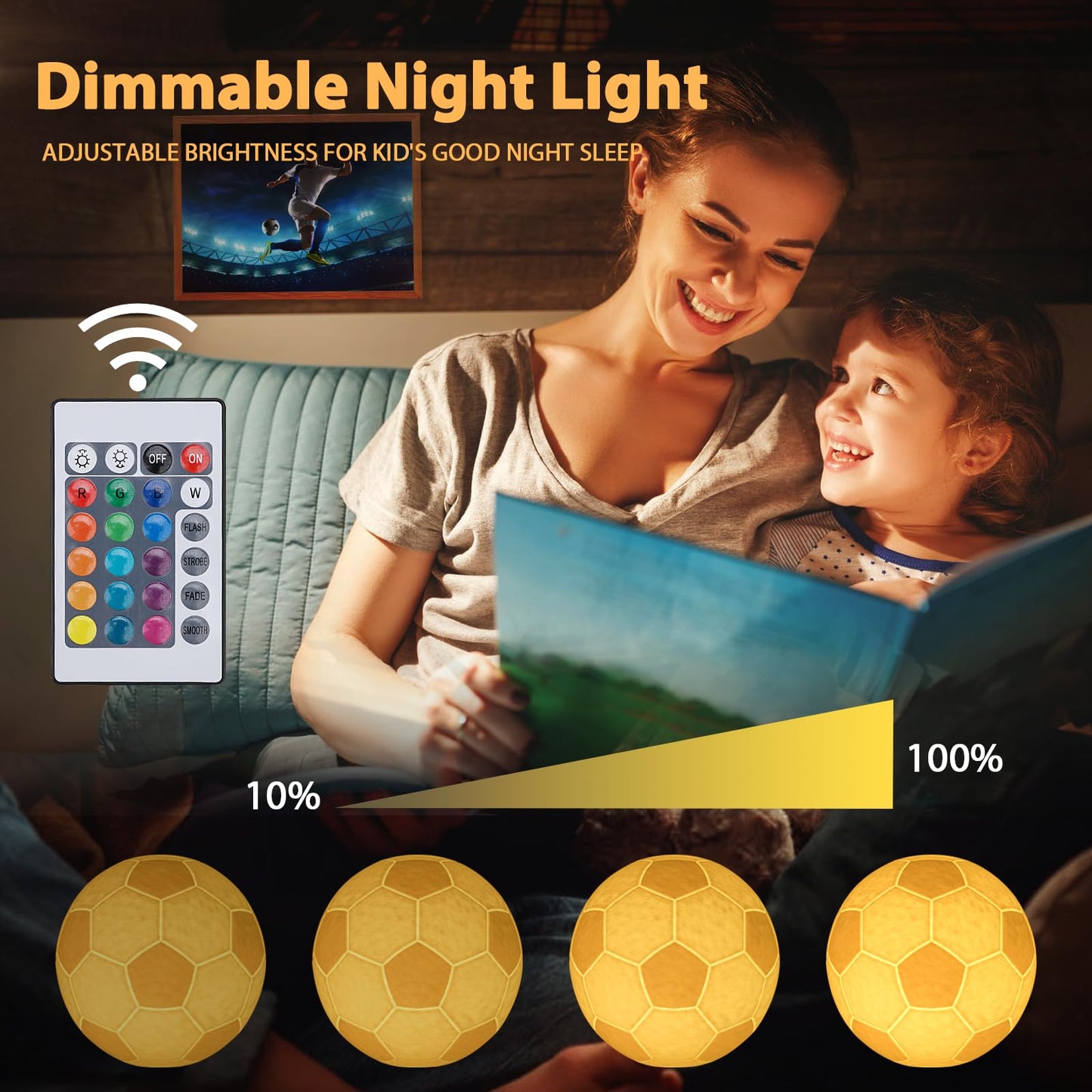 Skorter | Balkwan Football Night Light - 16 Color Changing Moon Lamp For Kids, Dimmable With Remote Control