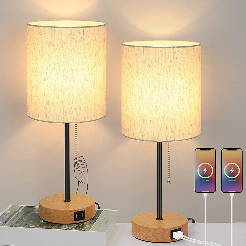 Skorter | Table lamp set of 2 with USB charging ports, gray bedside lamps with AC outlet, bedside lamps with pull switch, minimalist modern desk lamps with fabric shade for living room bedroom office
