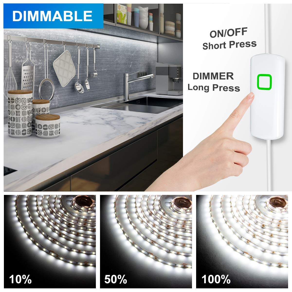 Skorter | Myplus 32.8Ft Dimmable Led Strip Light 6500K Cold White, Flexible Under Cabinet Lighting