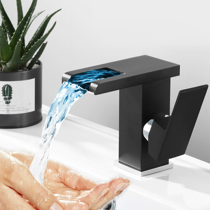 Skorter | Contemporary Square Vessel Faucet Waterfall Spout with LED Three-Color Illumination