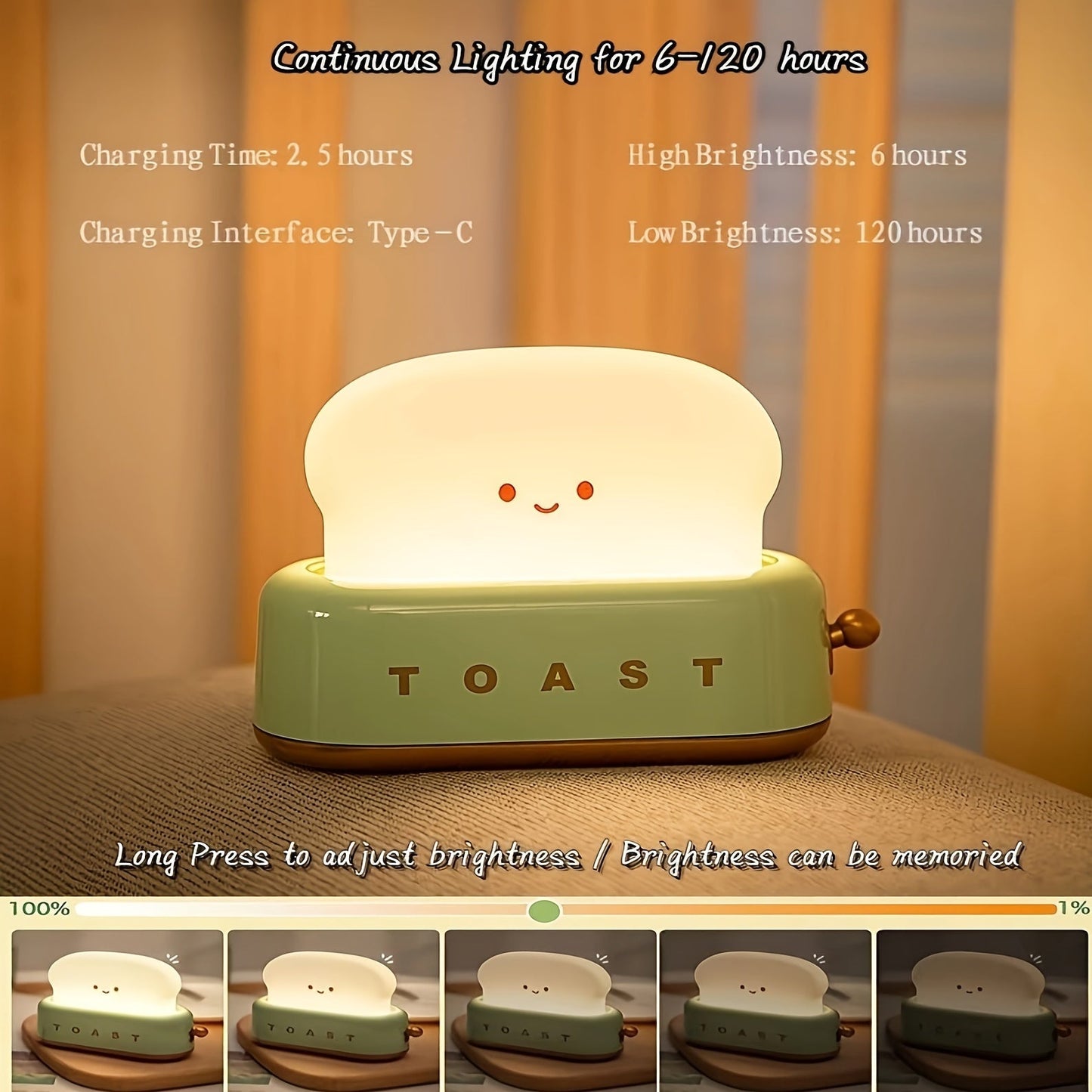 Skorter | LumiToast - Sweet USB Rechargeable LED Toaster Table Lamp, 3000K Warm Light