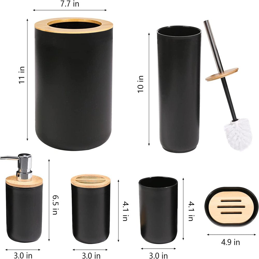 Skorter | 6 Piece Bath Set - Soap Dish Toothbrush Holder Rinsing Container Lotion Bottle Trash Can Toilet Brush - Practical Toilet Set for Home Laundry Room, Black