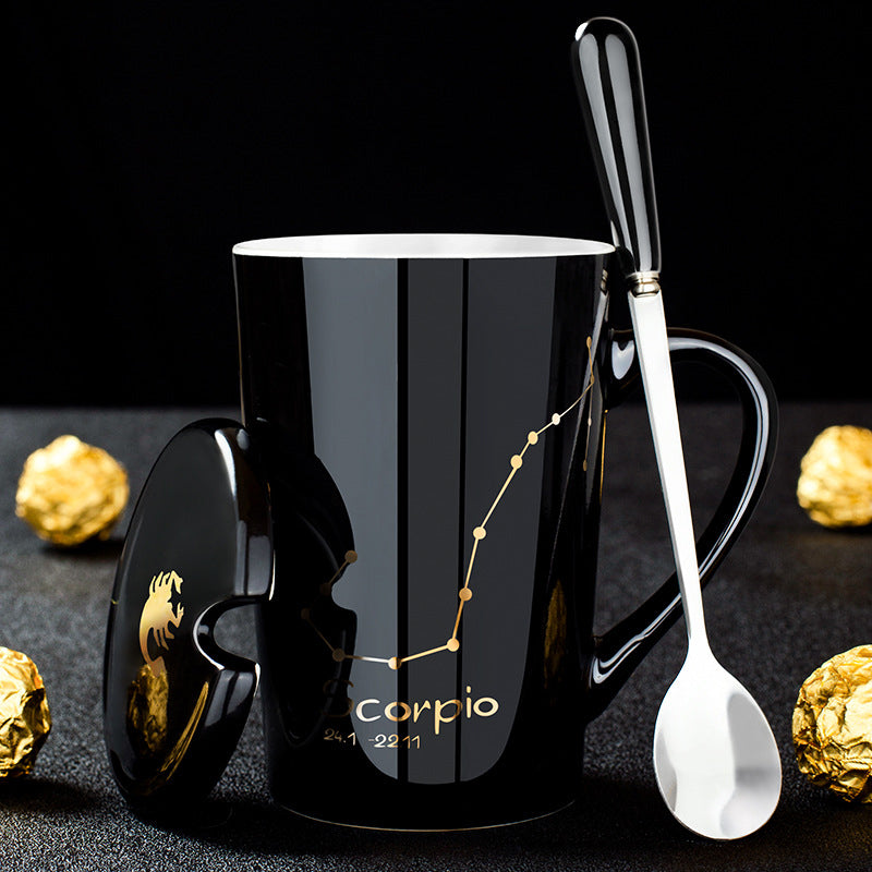 skorter | 12 constellations black ceramic mug with lid spoon