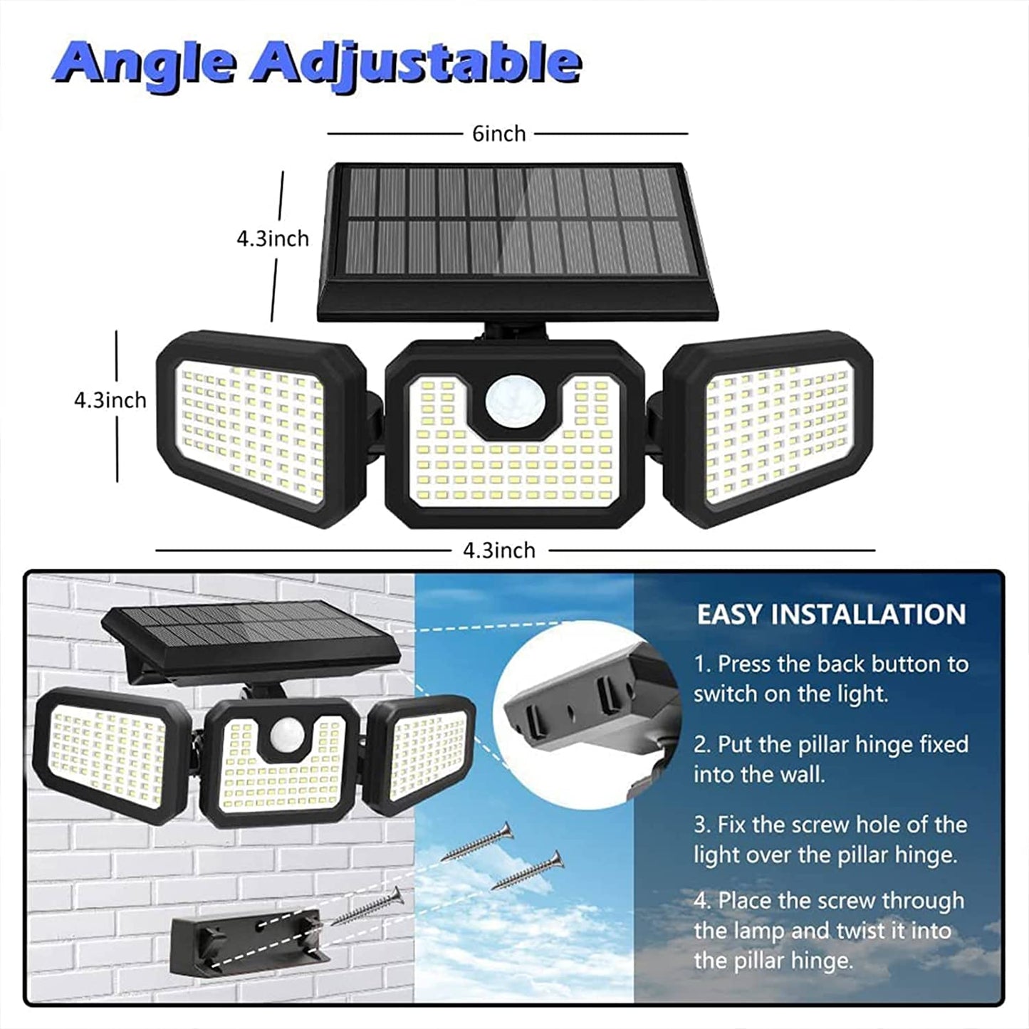 Skorter | 2 Pack 210 LED Solar Outdoor Lighting 3 Heads Solar Lights IP65 Waterproof Solar Motion Sensor Light with Remote Control for Terrace, Garden, Yard