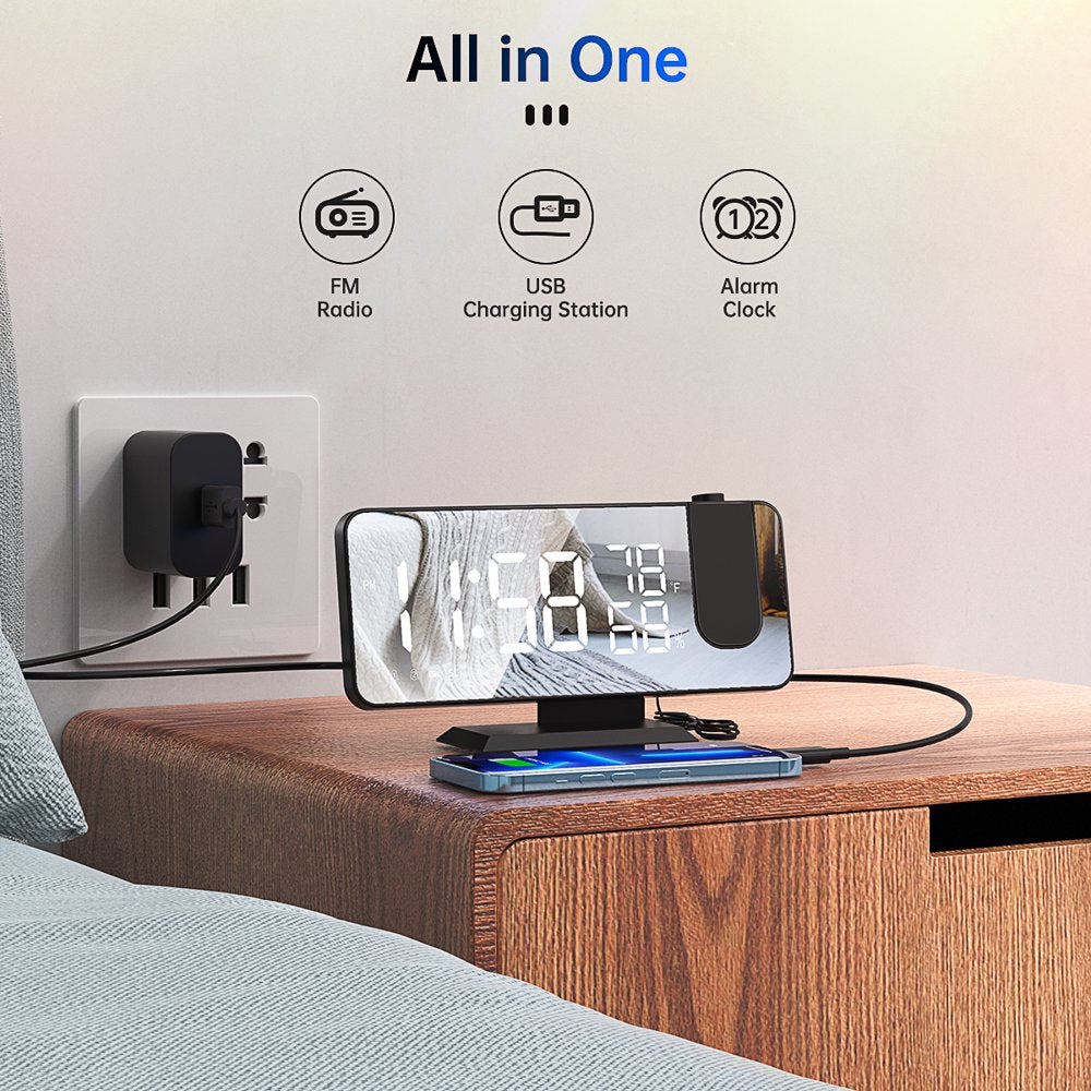 Skørter | Projection alarm clock for the bedroom, digital alarm clock radio with USB charging ports, 7.3" large LED display and 4 adjustable dimmers, double alarm clock with temperature and humidity indicator, snooze (Black)