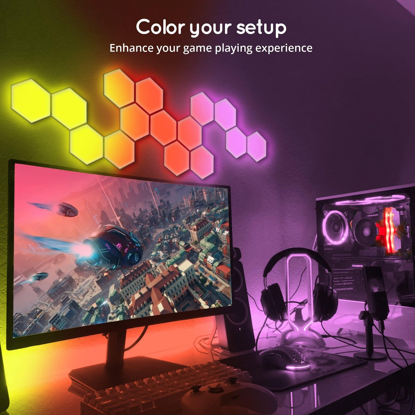 Skorter | Lumoonosity Dream Color Led Hexagon Lights - Music Sync Rgb Wall Panels, 6-Pack For Bedroom & Gaming
