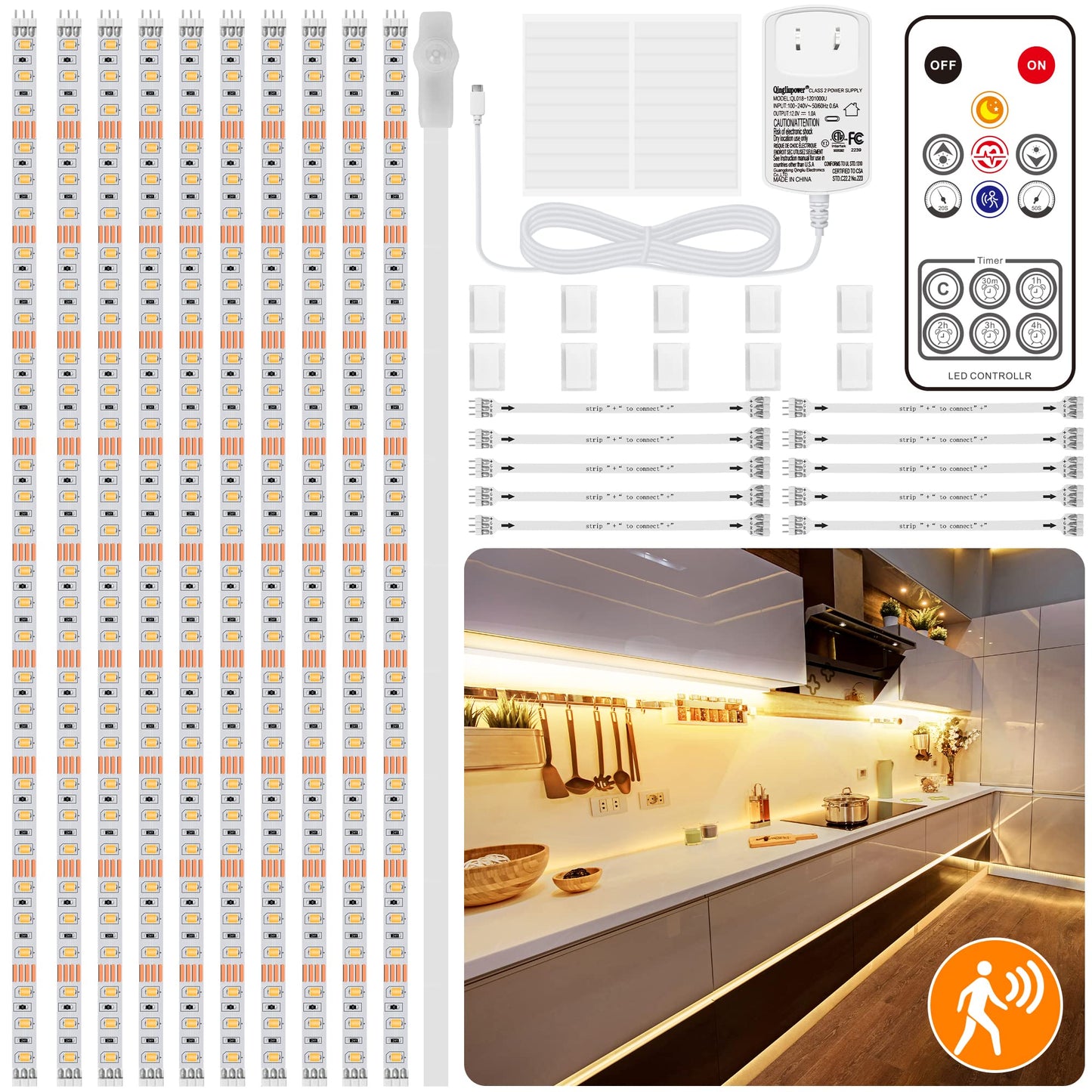 Skorter | Lafulit 10 pcs motion sensor LED strip lights, dimmable warm white under cabinet light set