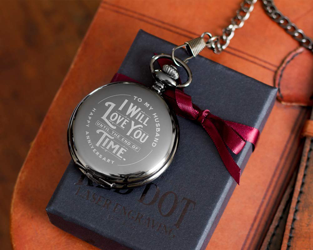 Skorter | Engraved Wedding Anniversary Pocket Watch with Chain for Husband, a Sleek Gift Set for Him with Elegant Gift Box, 1 Year Wedding Anniversary Clock